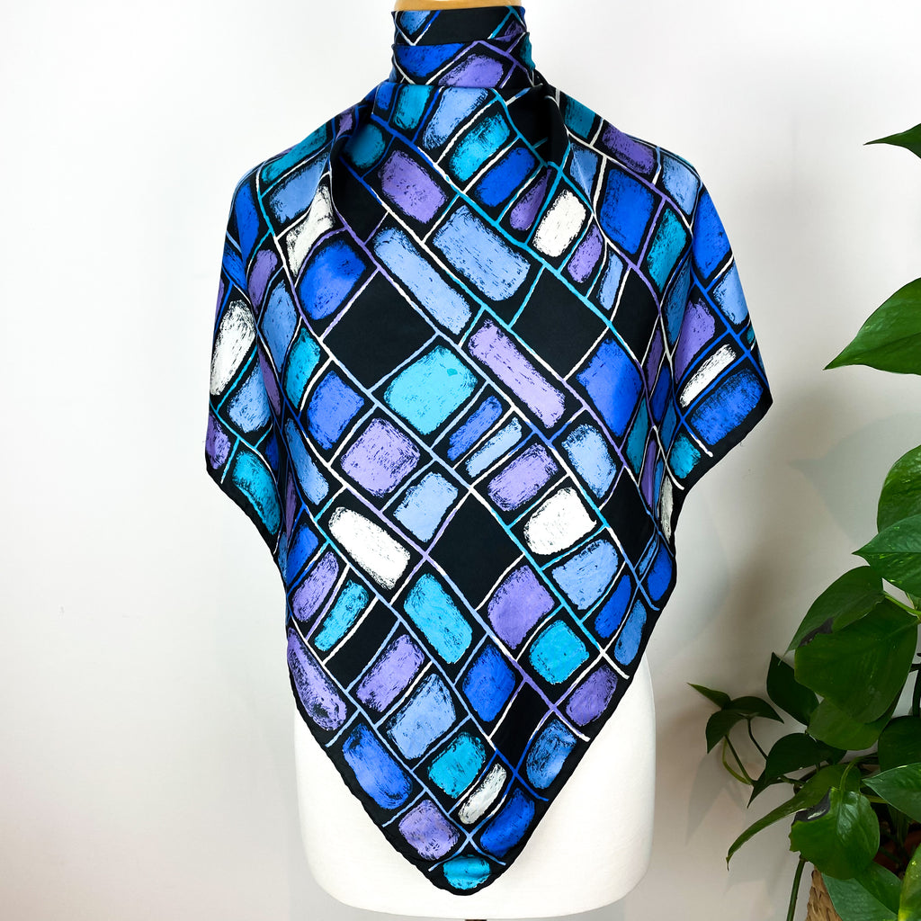 Blue Patterned Vintage Silk Scarf