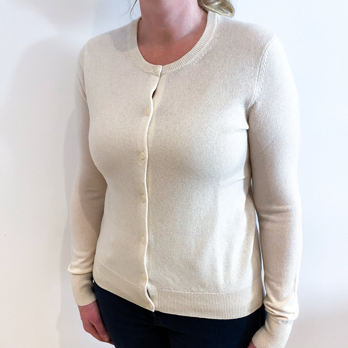 Ivory White Cashmere Crew Neck Cardigan Large