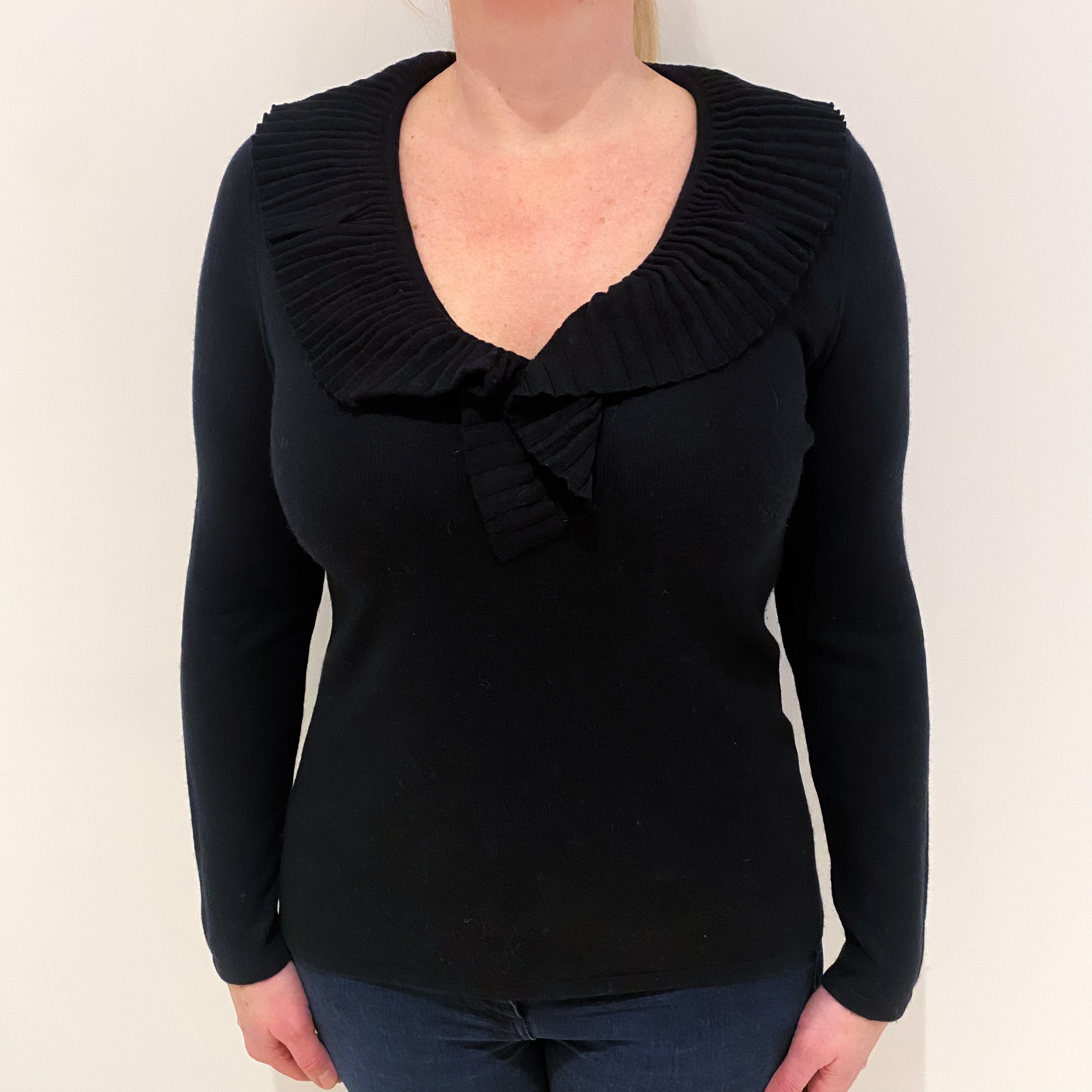 Black Cashmere Ruffle V-Neck Jumper Large