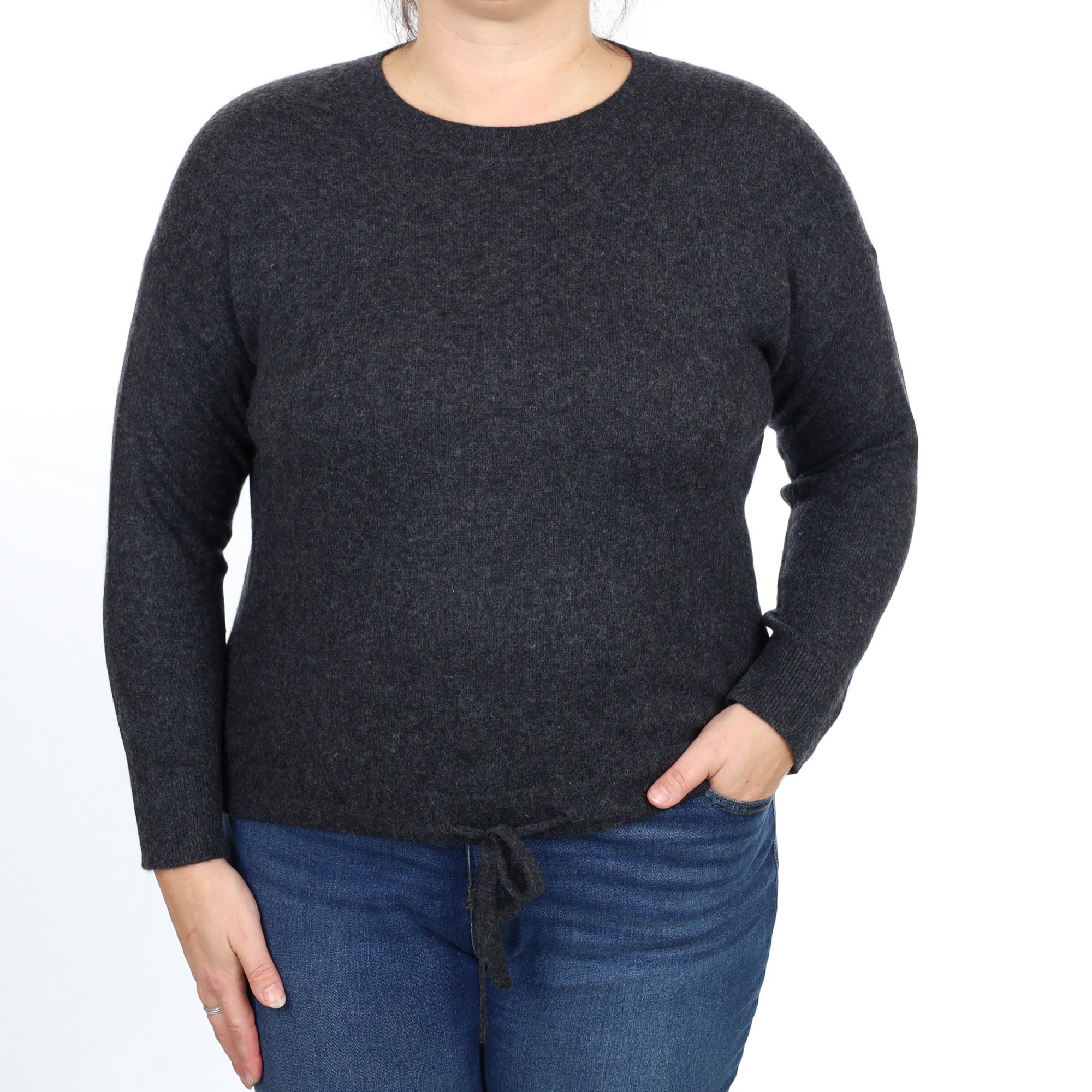 Charcoal Grey Drawstring Hem Cashmere Crew Neck Jumper Large