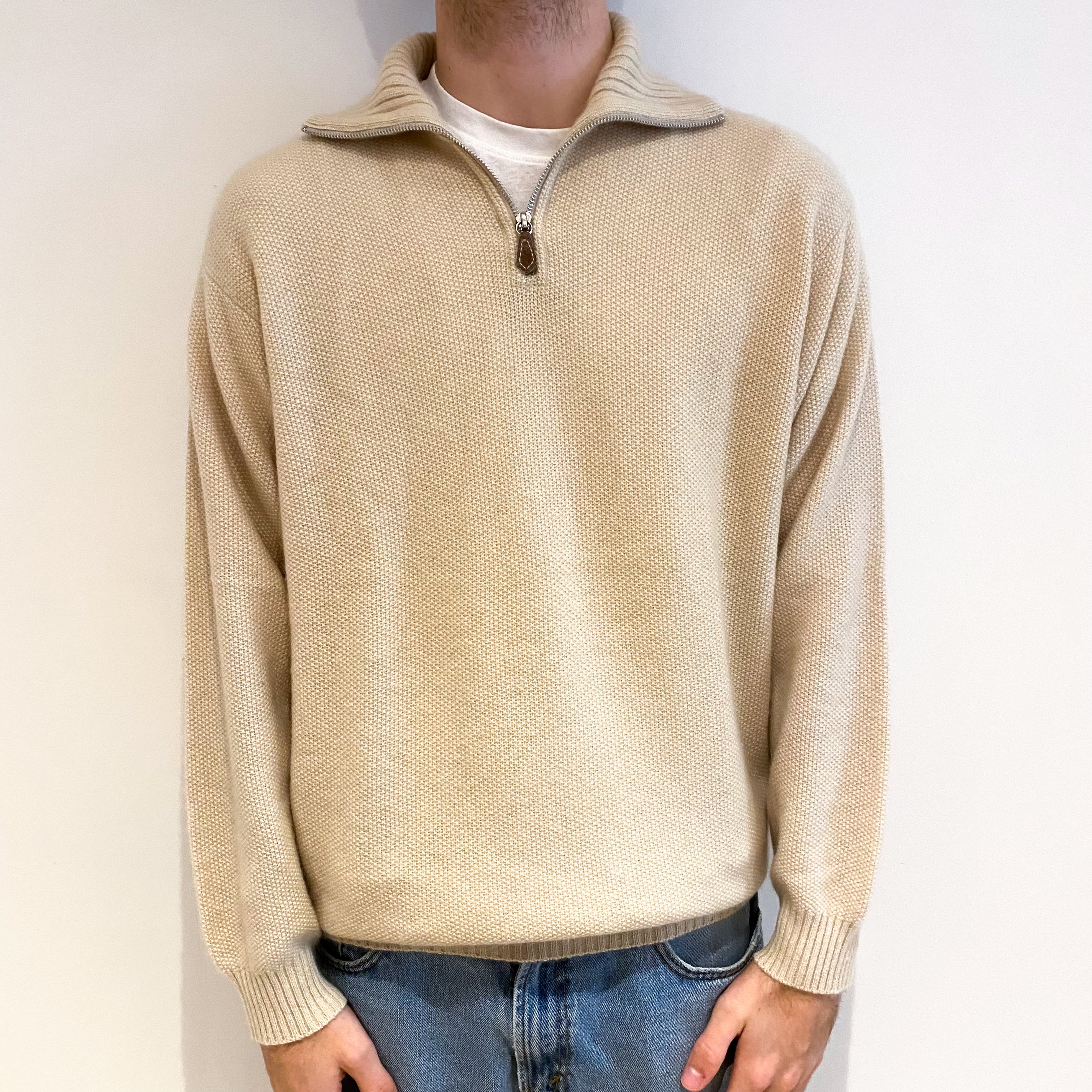 Men's Les Copains Oatmeal Beige Cashmere 3/4 Zip V Neck Jumper Large