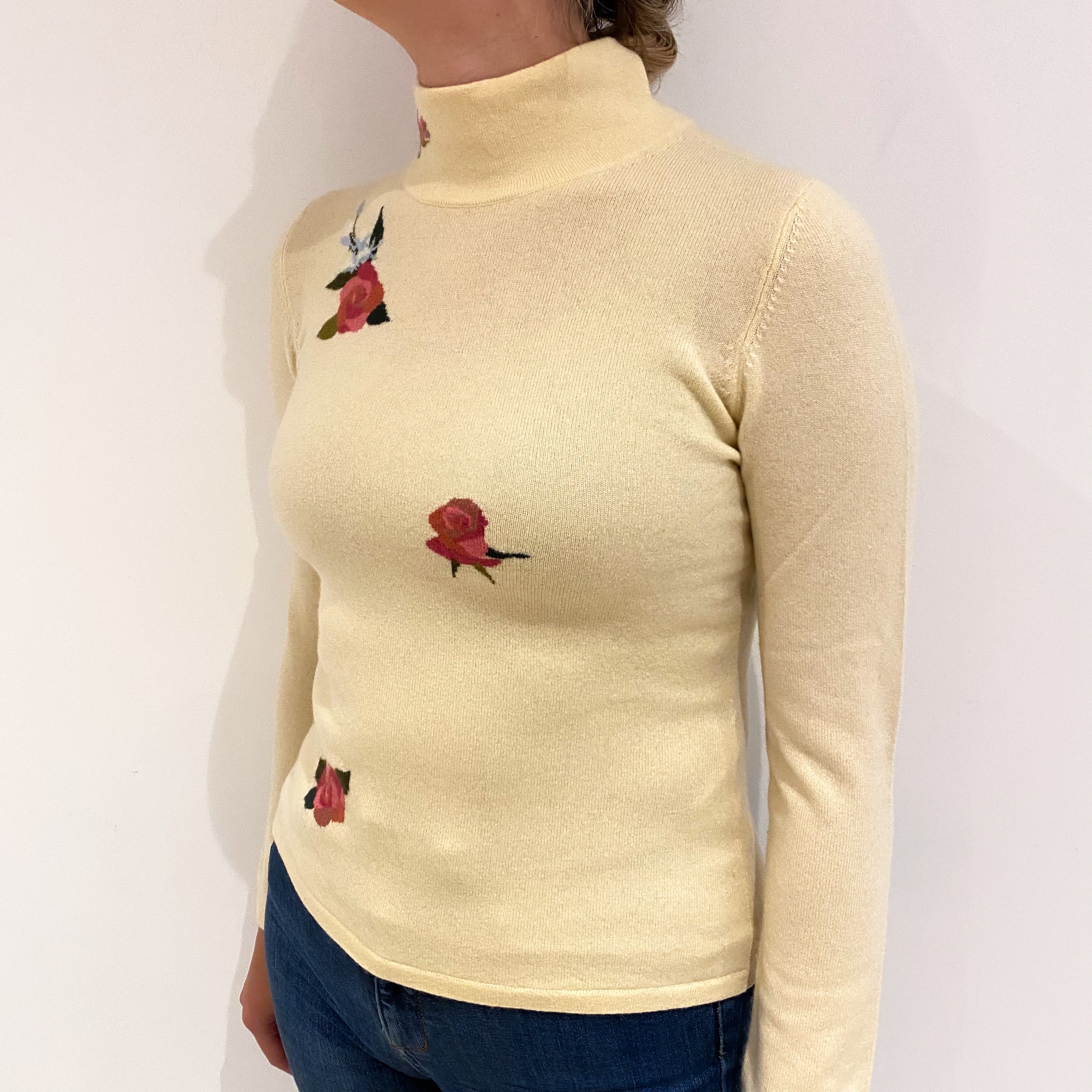 Buttermilk Yellow Floral Cashmere Turtle Neck Jumper Small