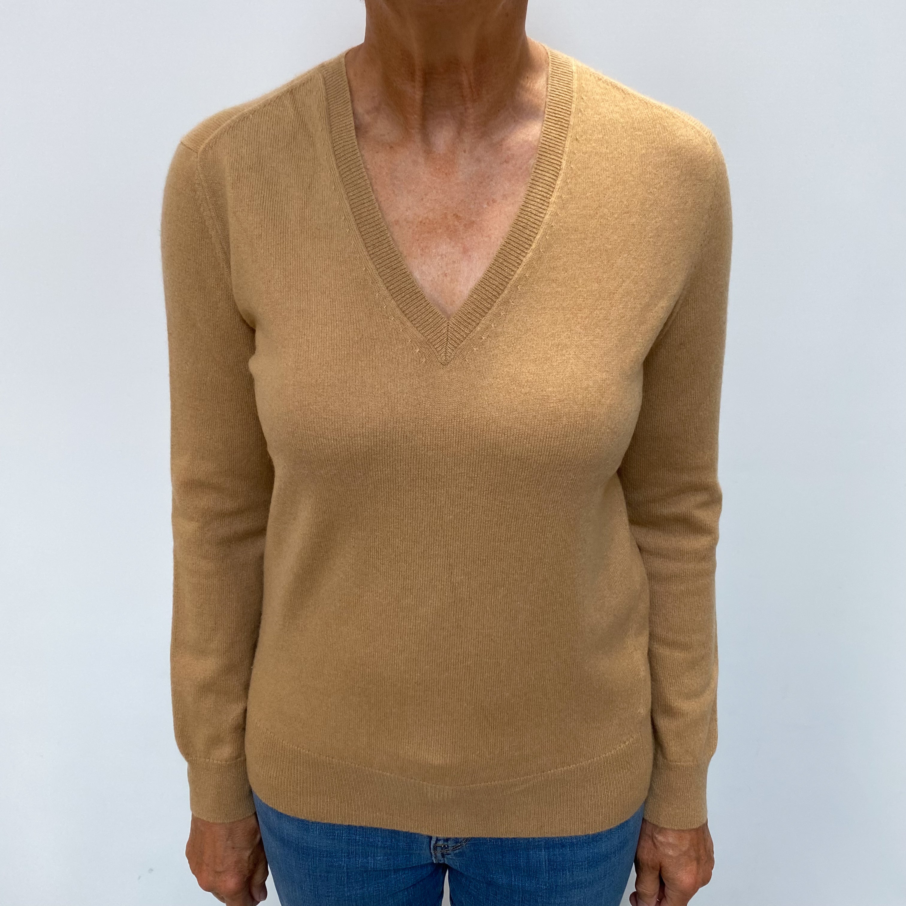 Caramel Brown Cashmere V Neck Jumper Medium