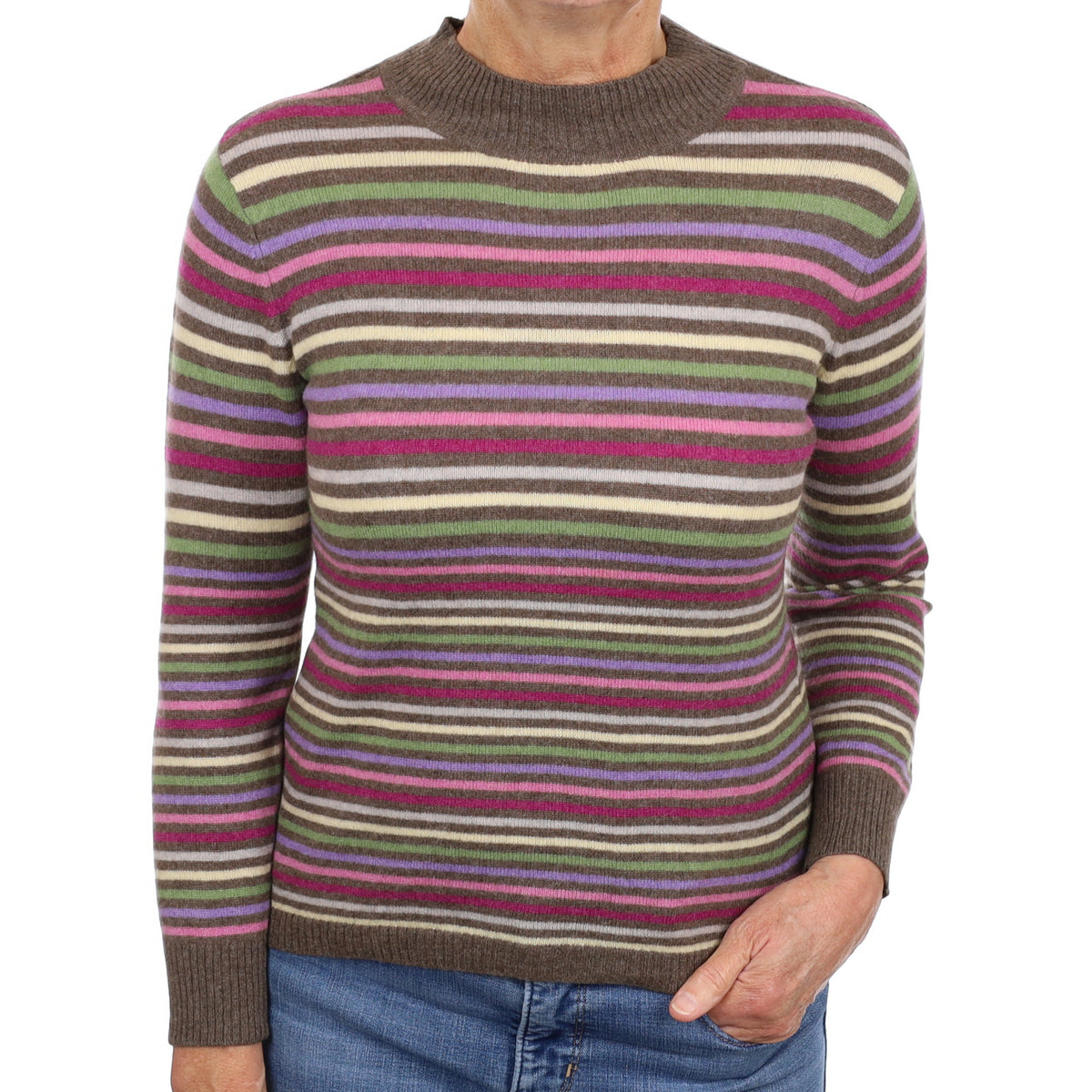 Brown Multicolour Stripe Cashmere Turtle Neck Jumper Medium