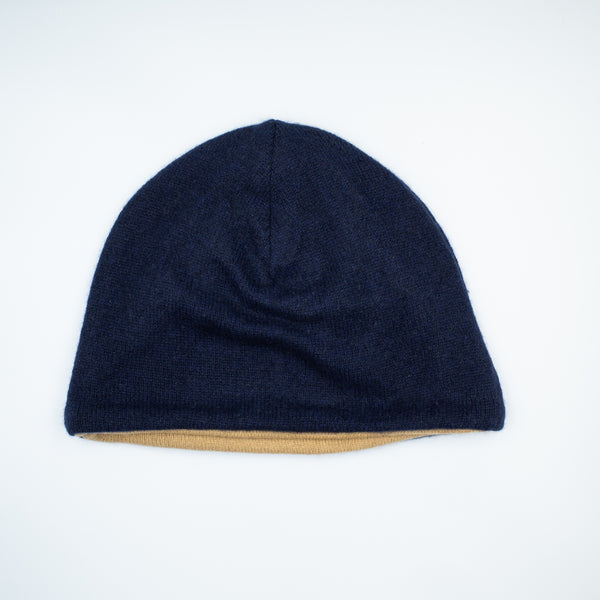Navy Blue and Camel Cashmere Beanie Hat