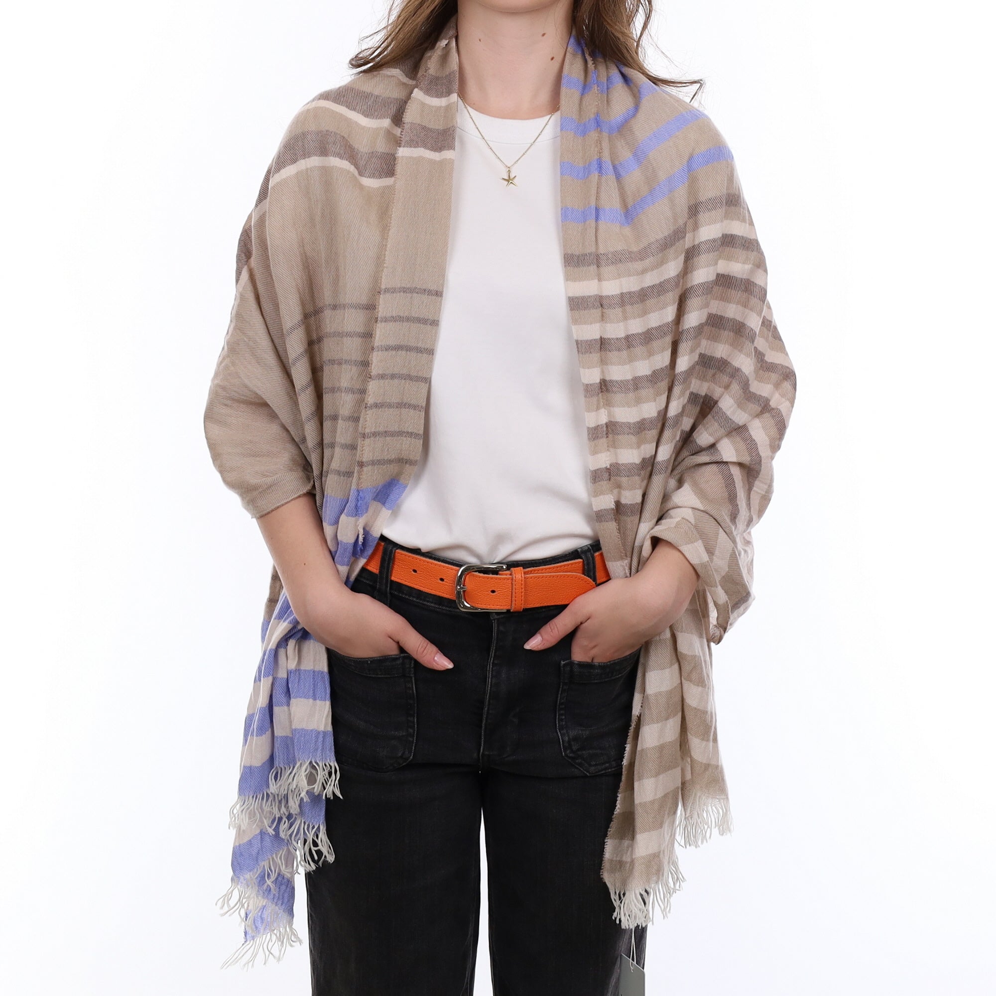 Brand New British Mink and Sky Blue Luxury Woven Cashmere Crinkle Wrap