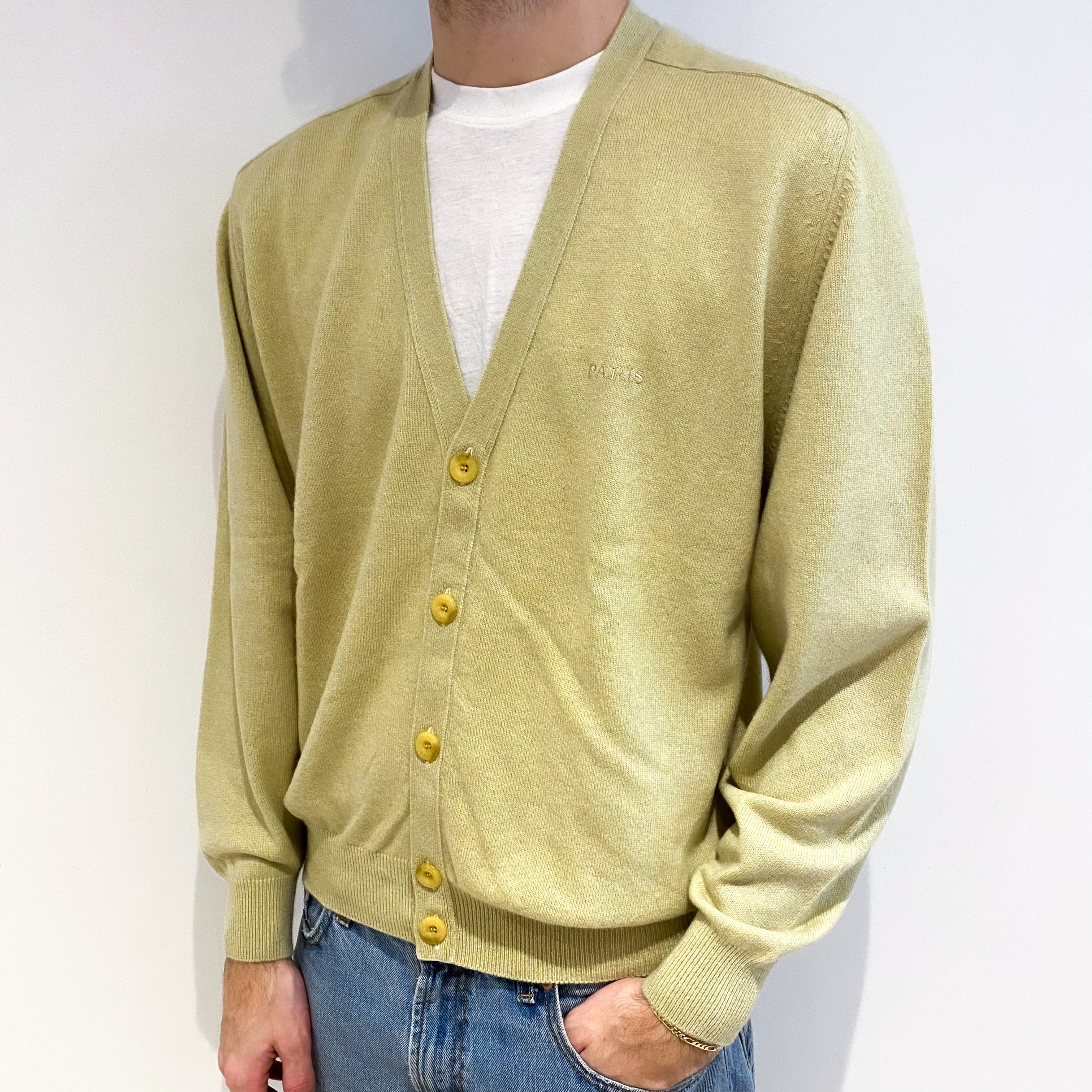 Men's Pistachio Green Cashmere V Neck Cardigan Large