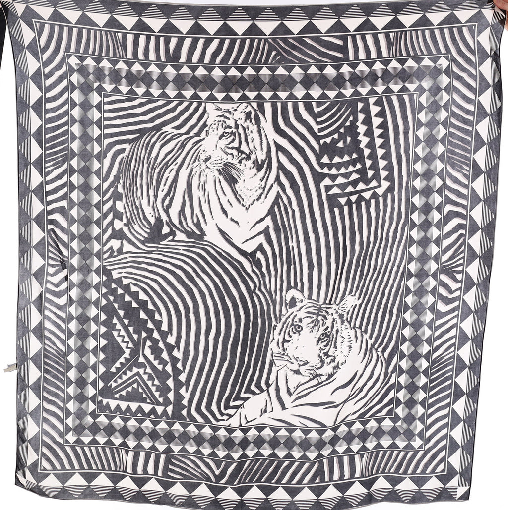 Black And White Tiger Pattern Silk Scarf