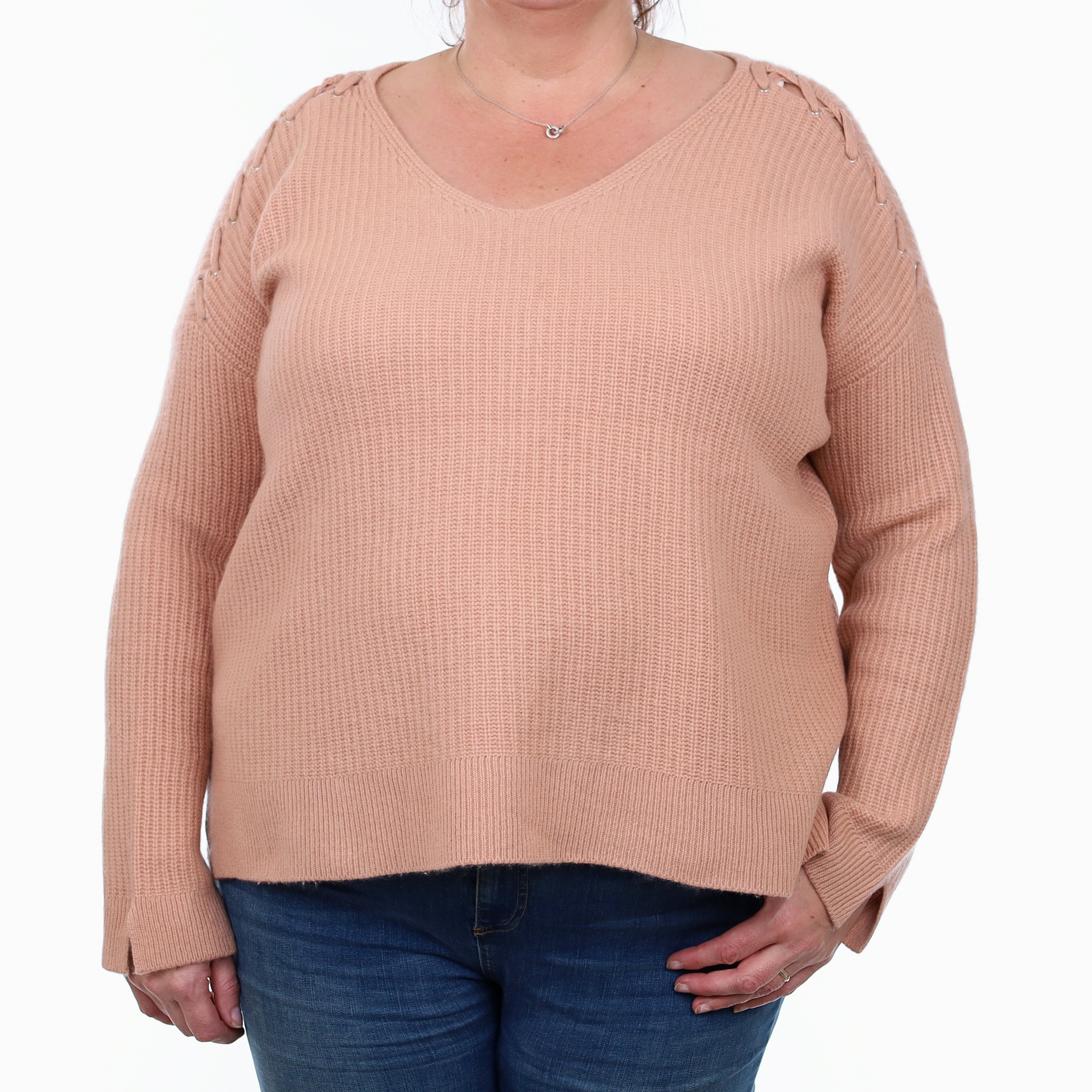 Neiman Marcus Nude Pink Chunky Cashmere V Neck Jumper Extra Large