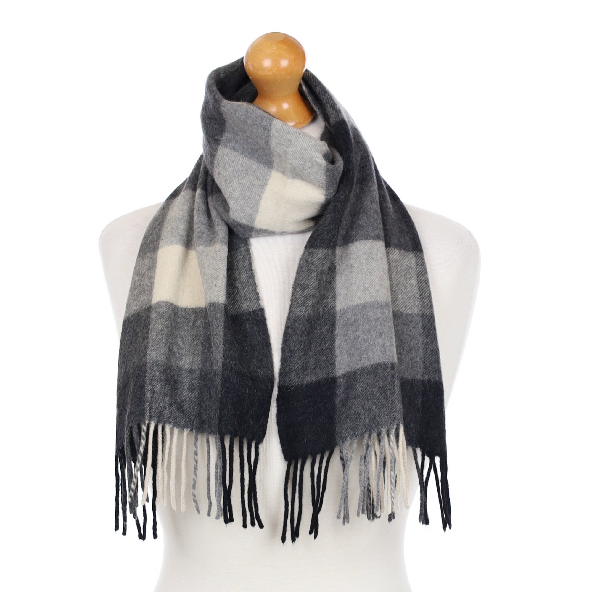 Grey Checked Cashmere Fringed Woven Scarf