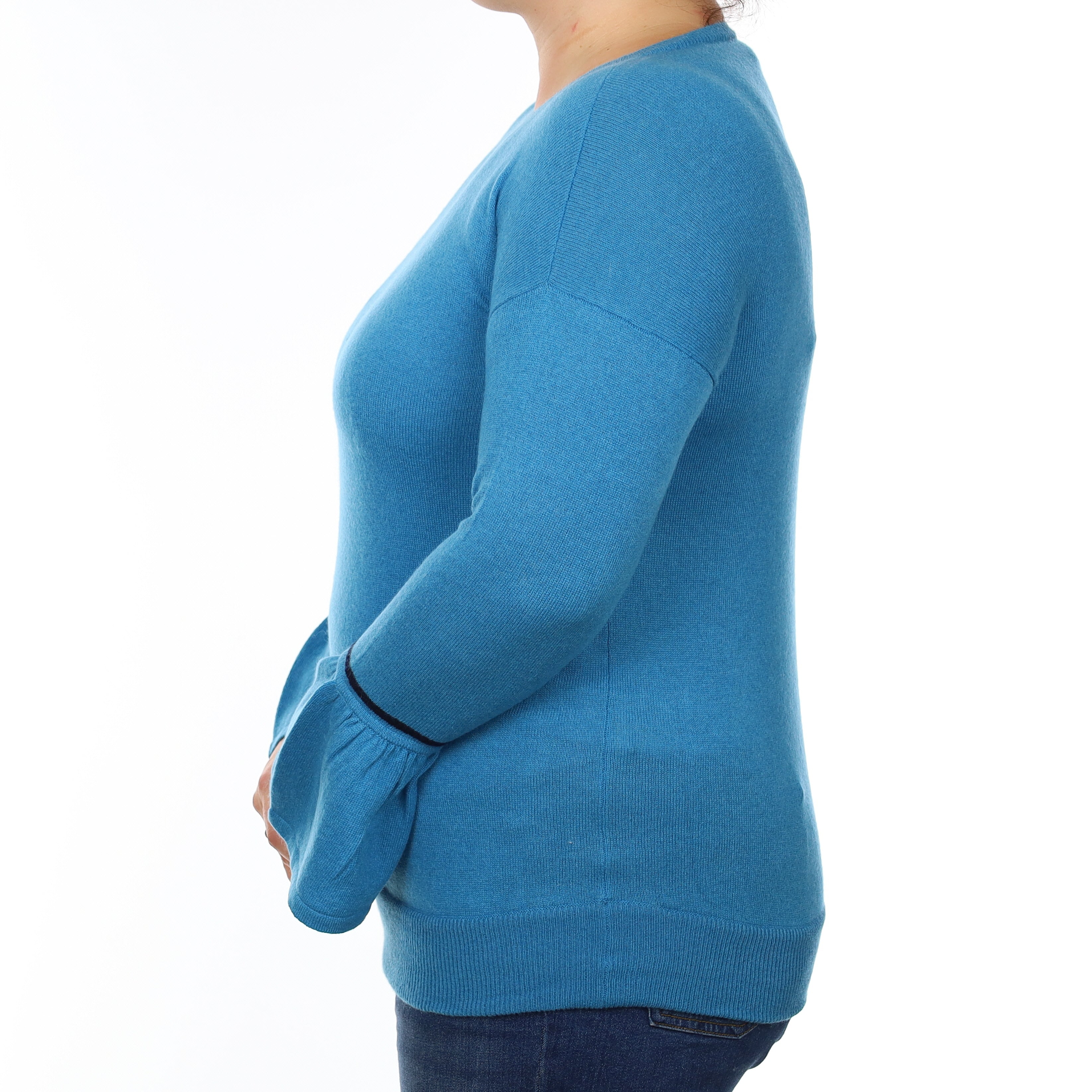 Italian Mediterranean Blue Cashmere Bell Sleeve Crew Neck Jumper Large