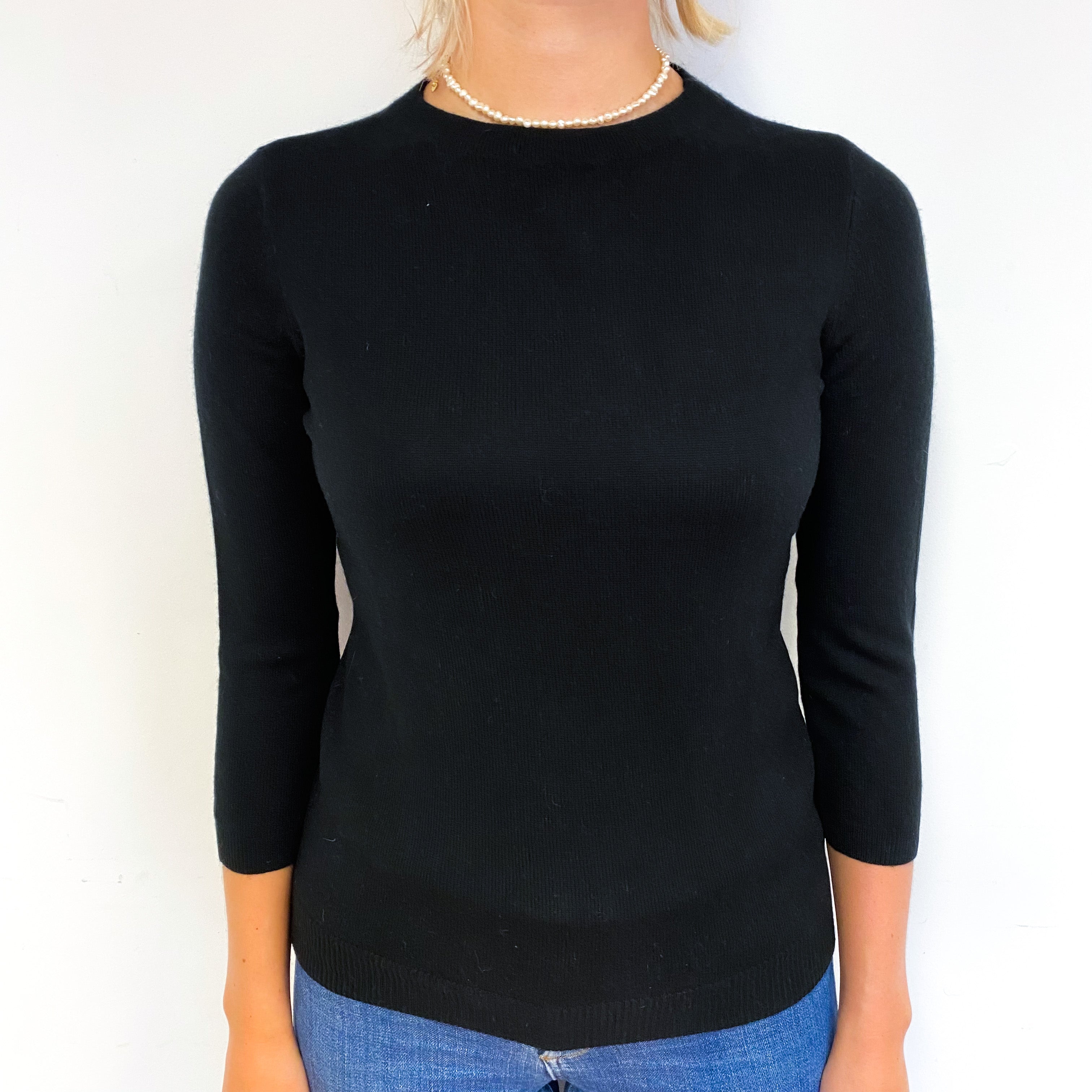 Black 3/4 Sleeve Cashmere Crew Neck Jumper Small