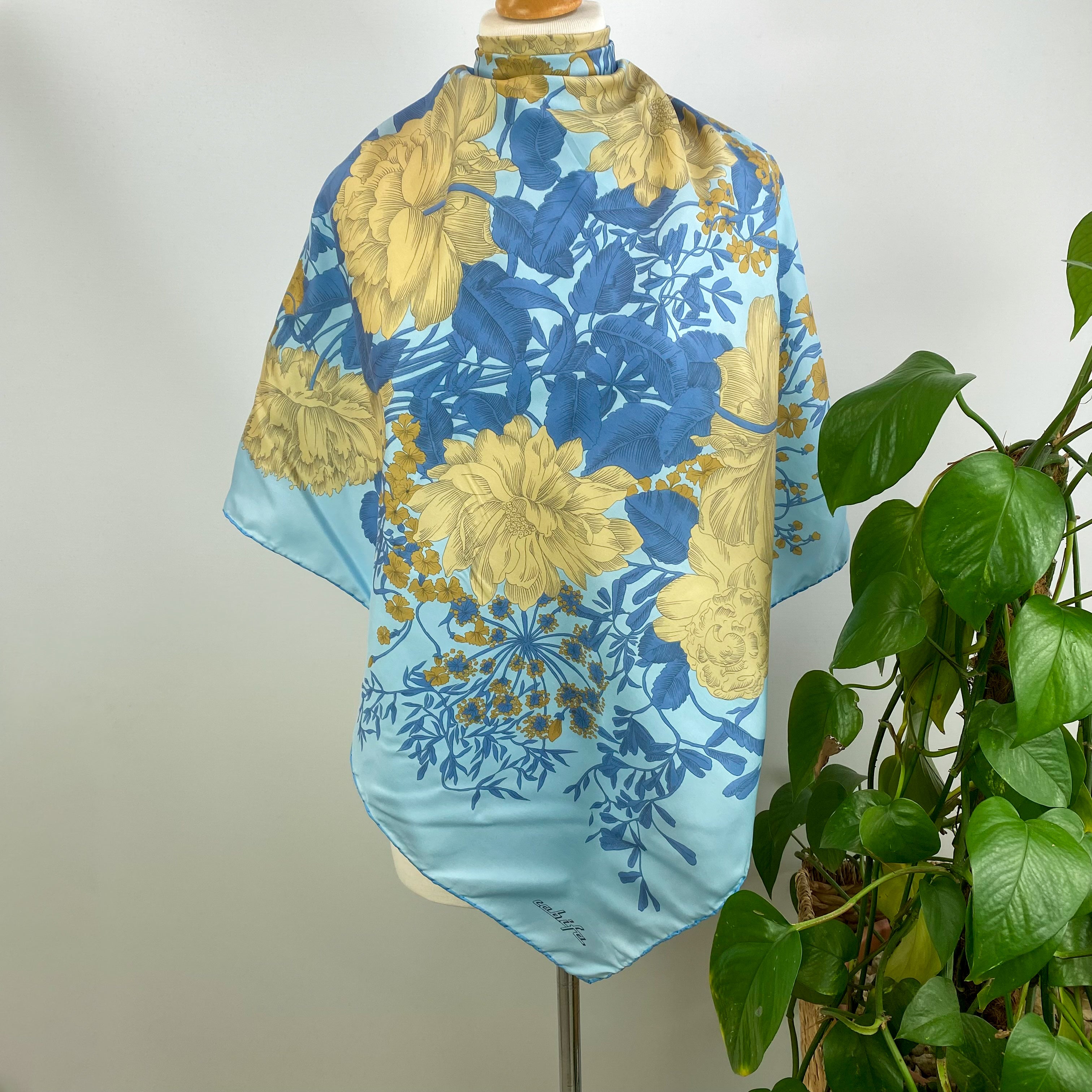 Blue and Yellow Floral Vintage Silk Scarf