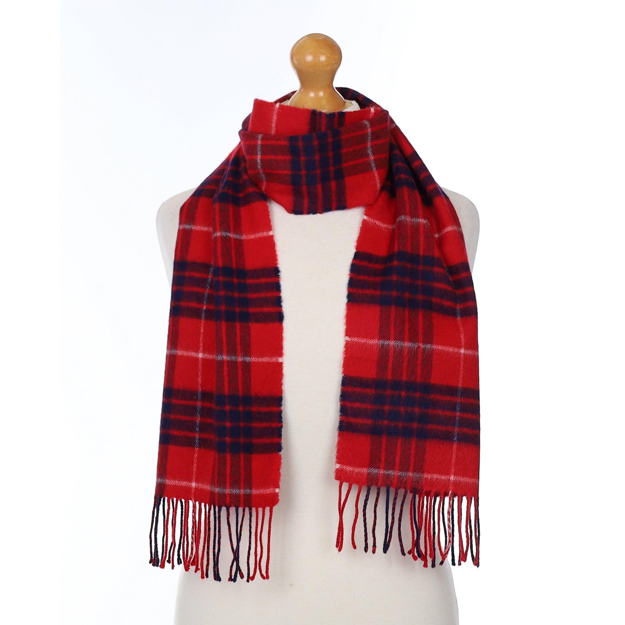 Red and Navy Checked Cashmere Woven Scarf