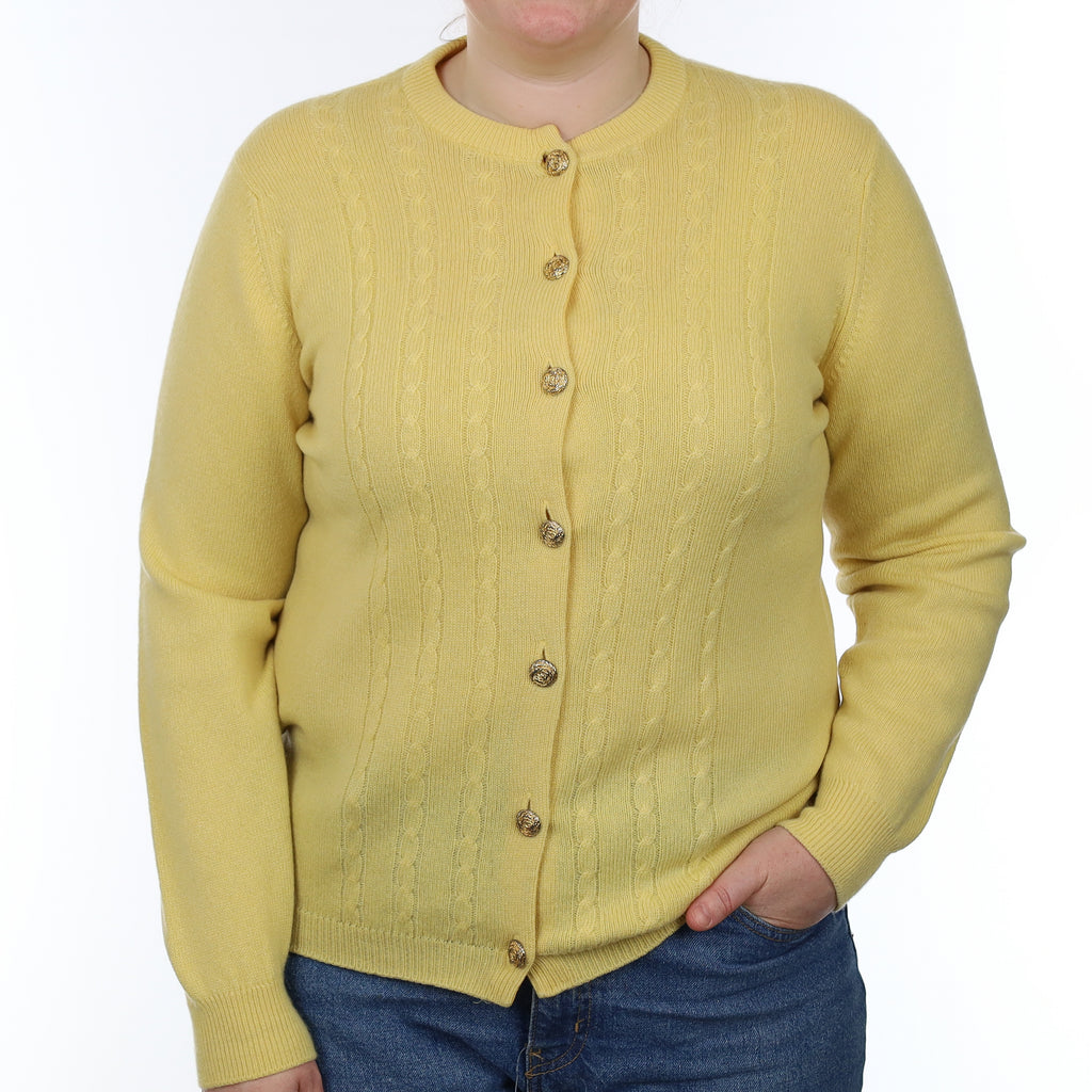 Vintage Pringle Yellow Heavy Knit Cashmere Crew Neck Cardigan Large