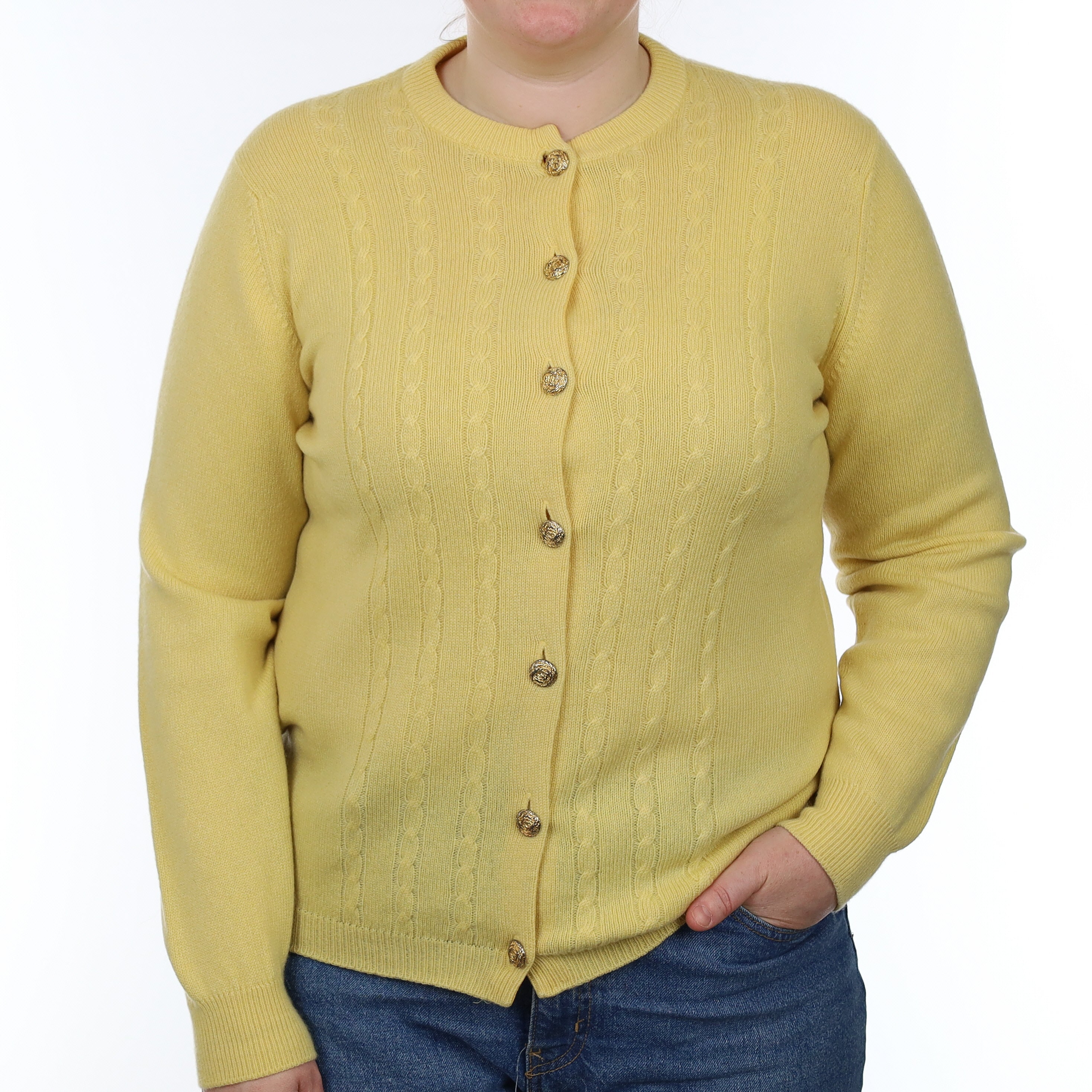 Vintage Pringle Yellow Heavy Knit Cashmere Crew Neck Cardigan Large