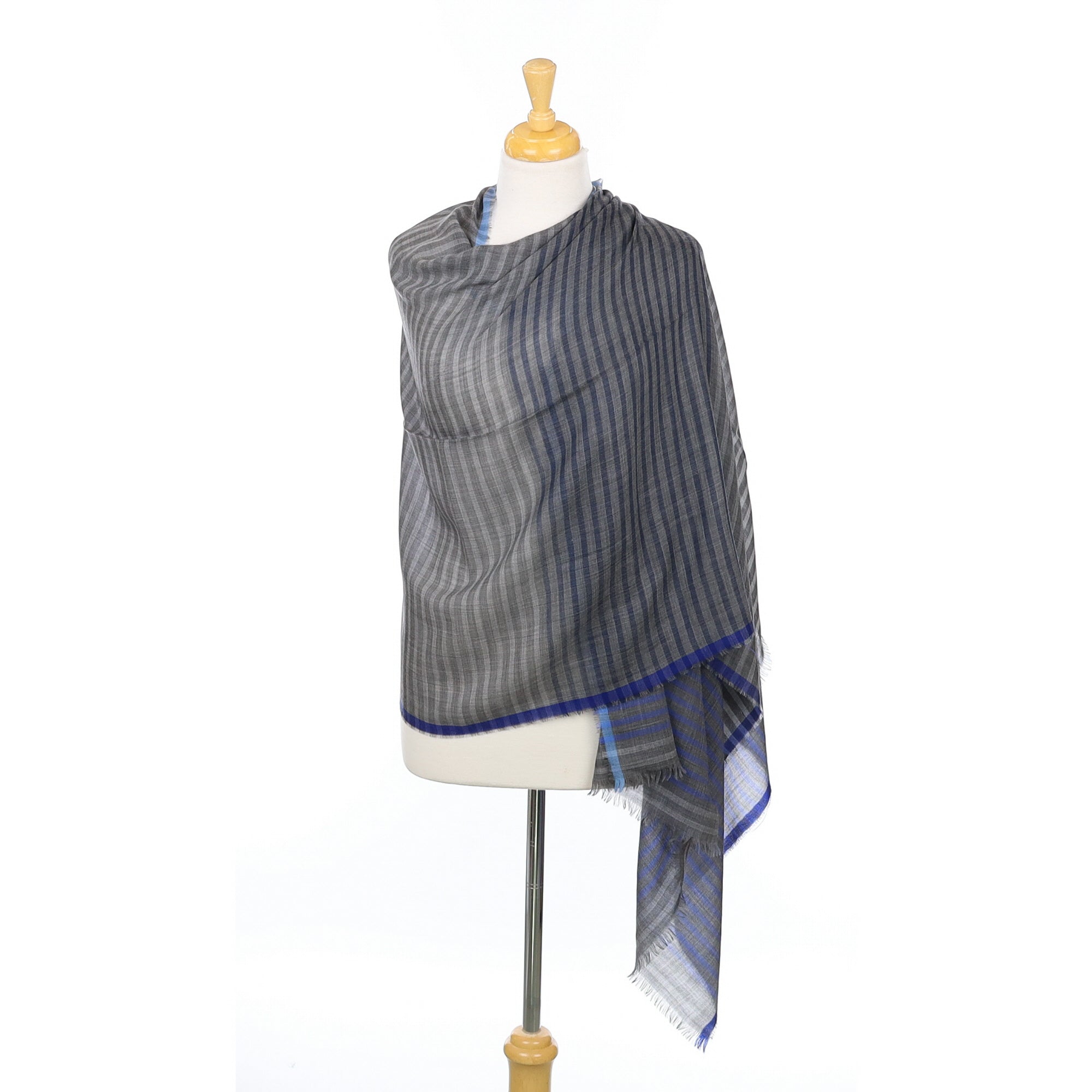 Scottish Begg & Co Grey and Cobalt Stripe Fine Woven Cashmere Wrap