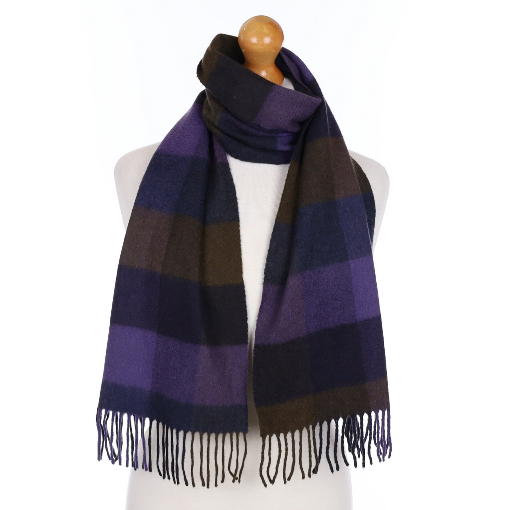 Amethyst and Nutmeg Check Cashmere Tasselled Woven Scarf