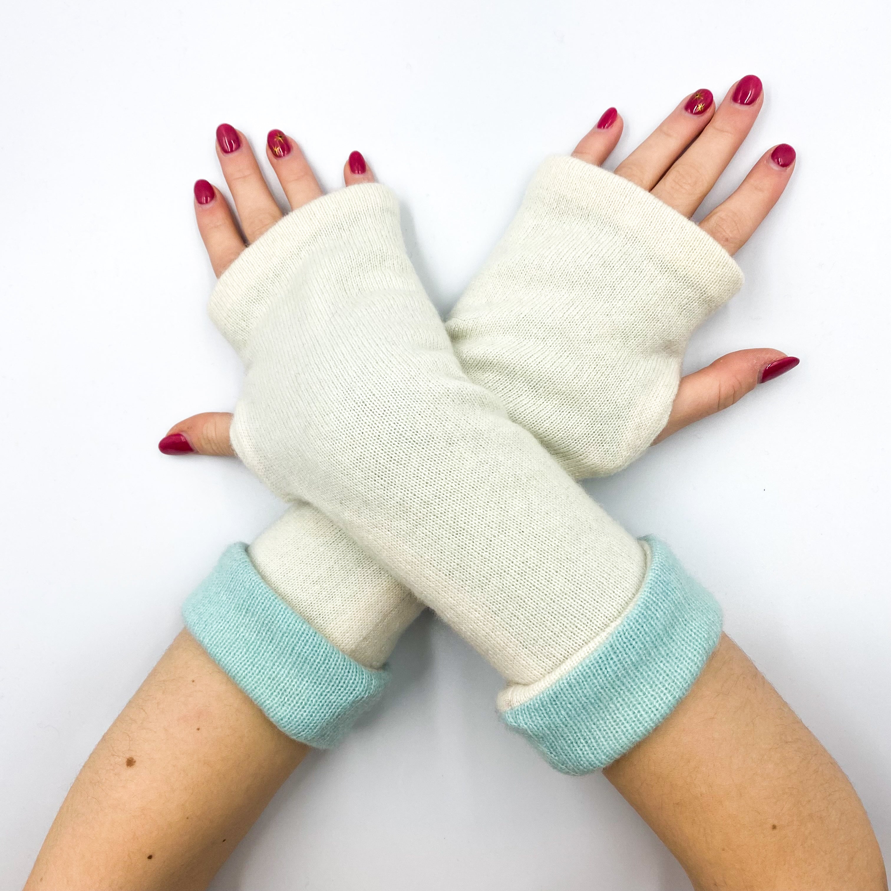 Mint and Cream Luxury Reversible Cashmere Fingerless Gloves