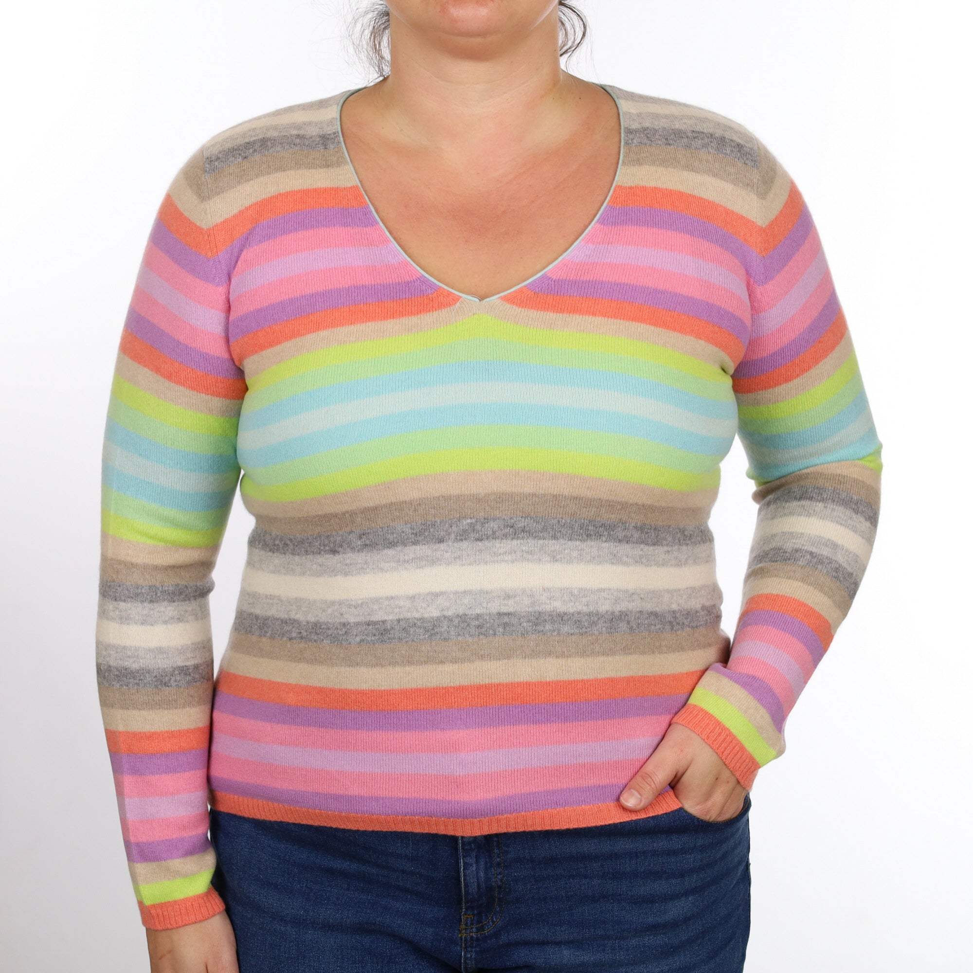 Multicolour Stripe Cashmere V Neck Jumper Large