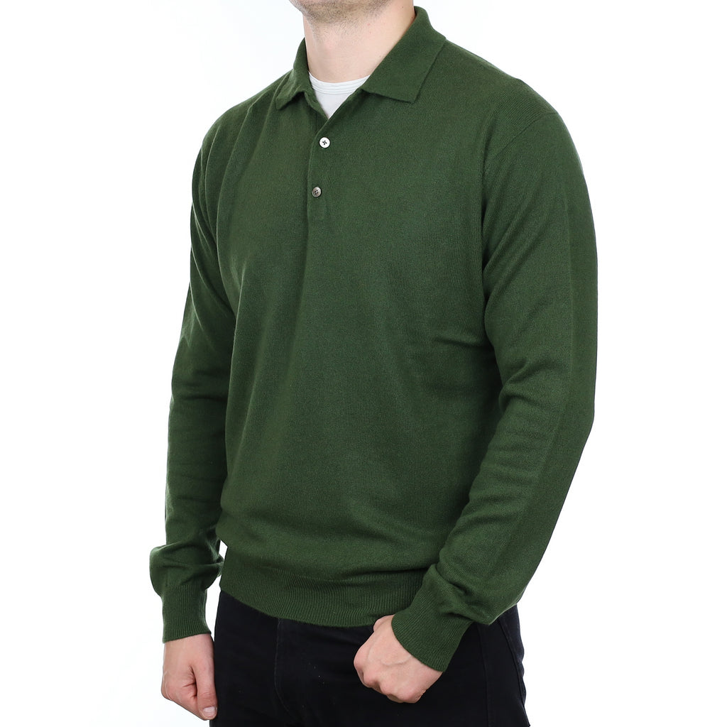 Men’s Yorn Basil Green Cashmere Collared 1/4 Buttoned Jumper XL