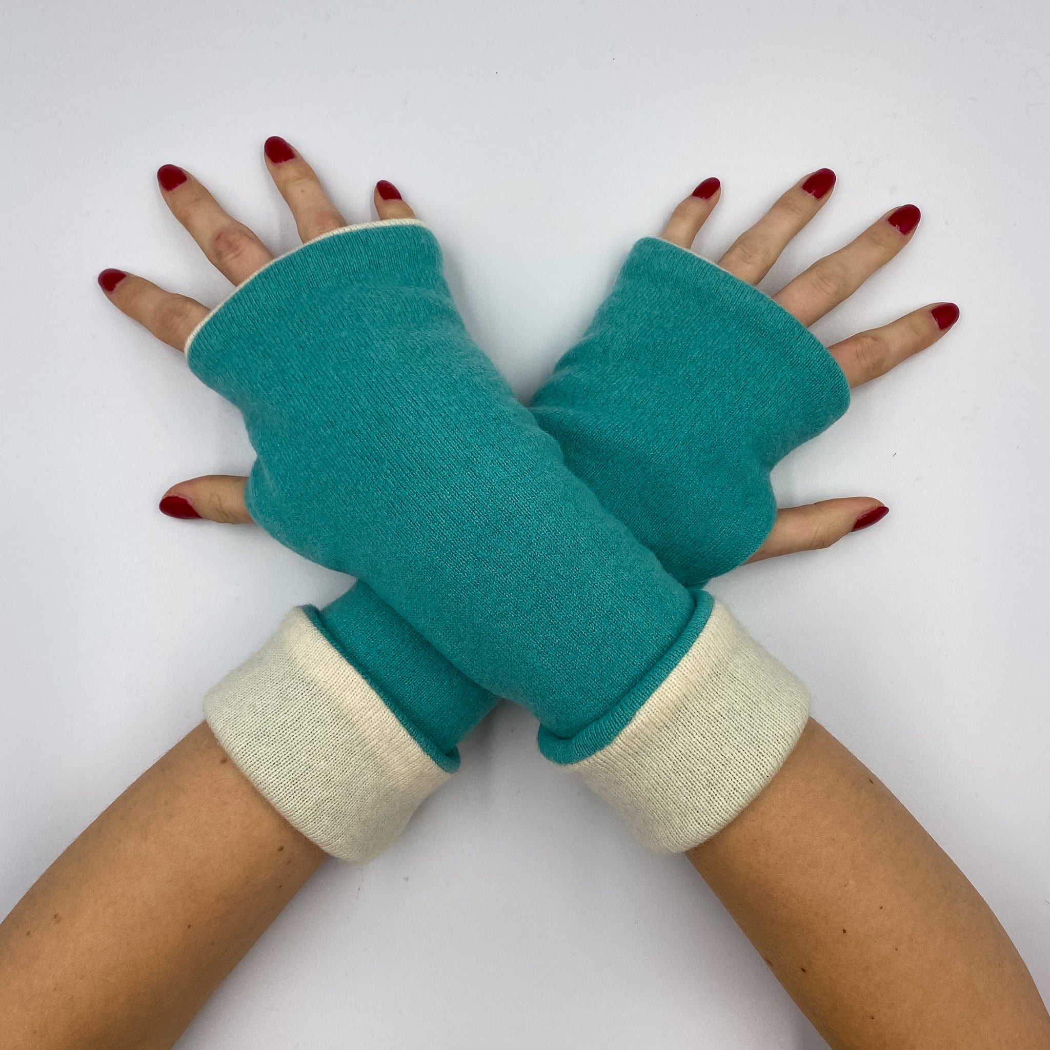 Seafoam Green and Ivory Luxury Reversible Cashmere Fingerless Gloves