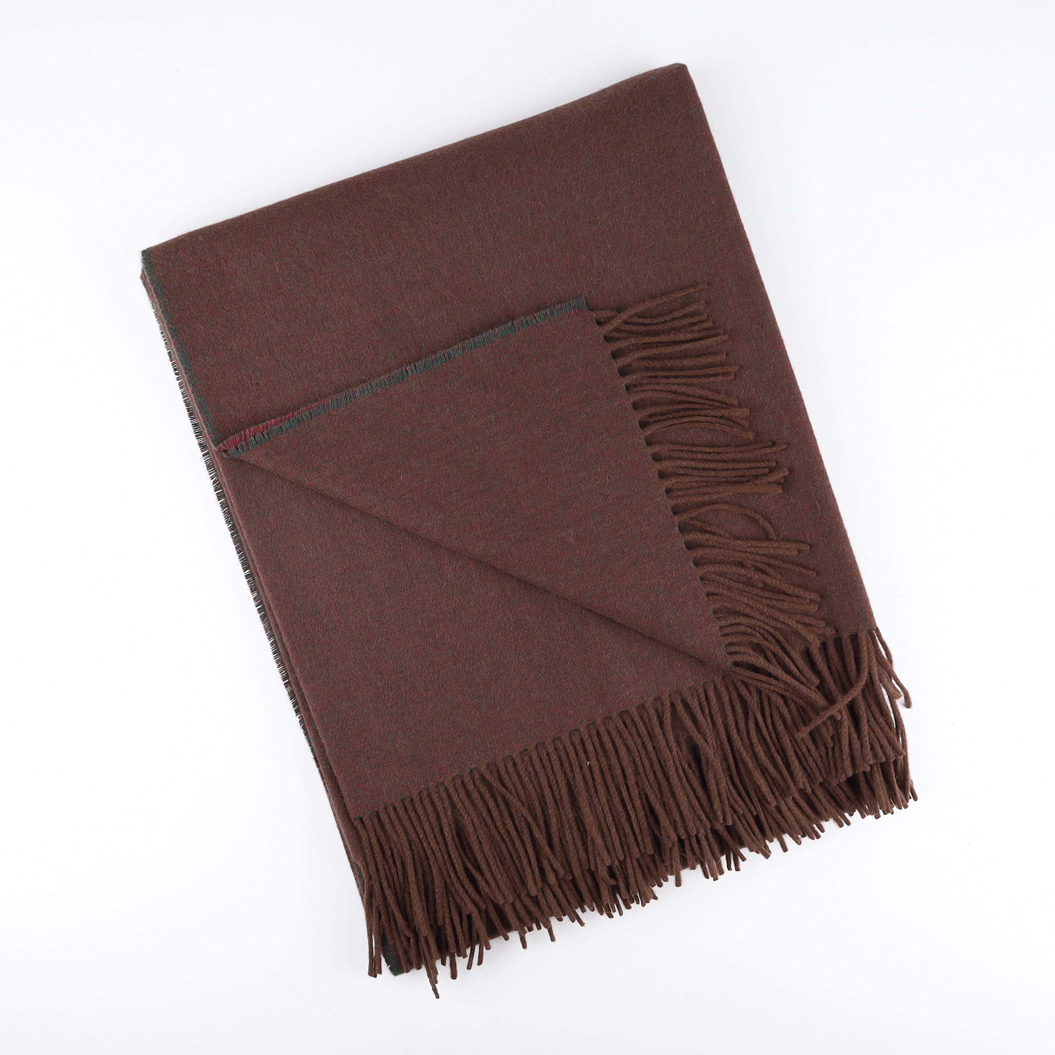 Brand New English Chocolate Forest Green and Raspberry Luxury Woven Cashmere Blanket