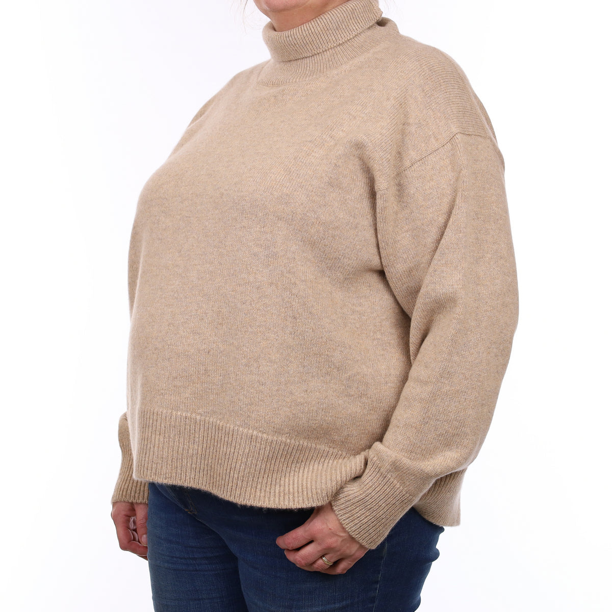 Brand New Scottish Biscuit Brown Chunky Knit Cashmere Polo Neck Jumper Extra Large
