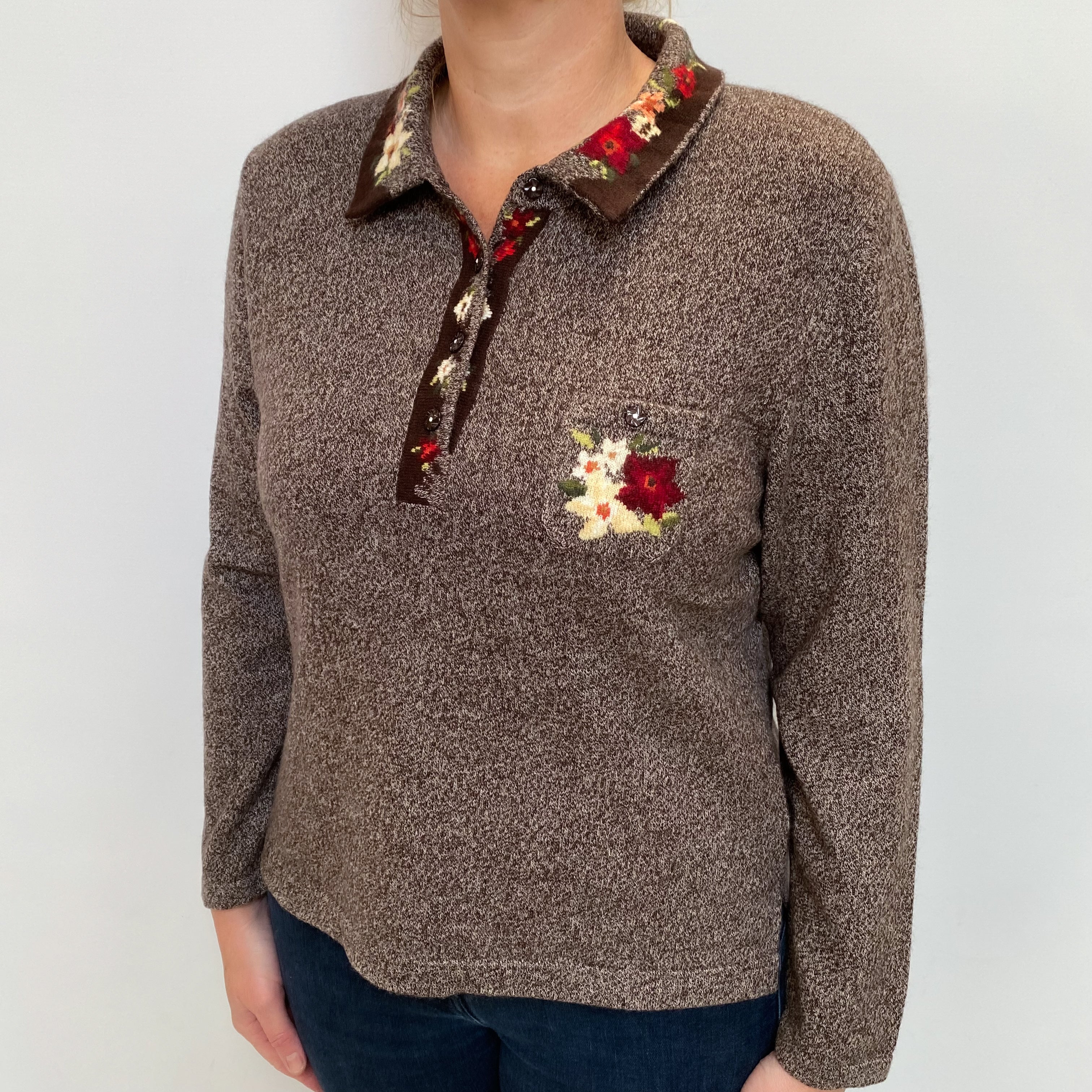 Brown Marl Cashmere Collared 1/4 Button Jumper Large