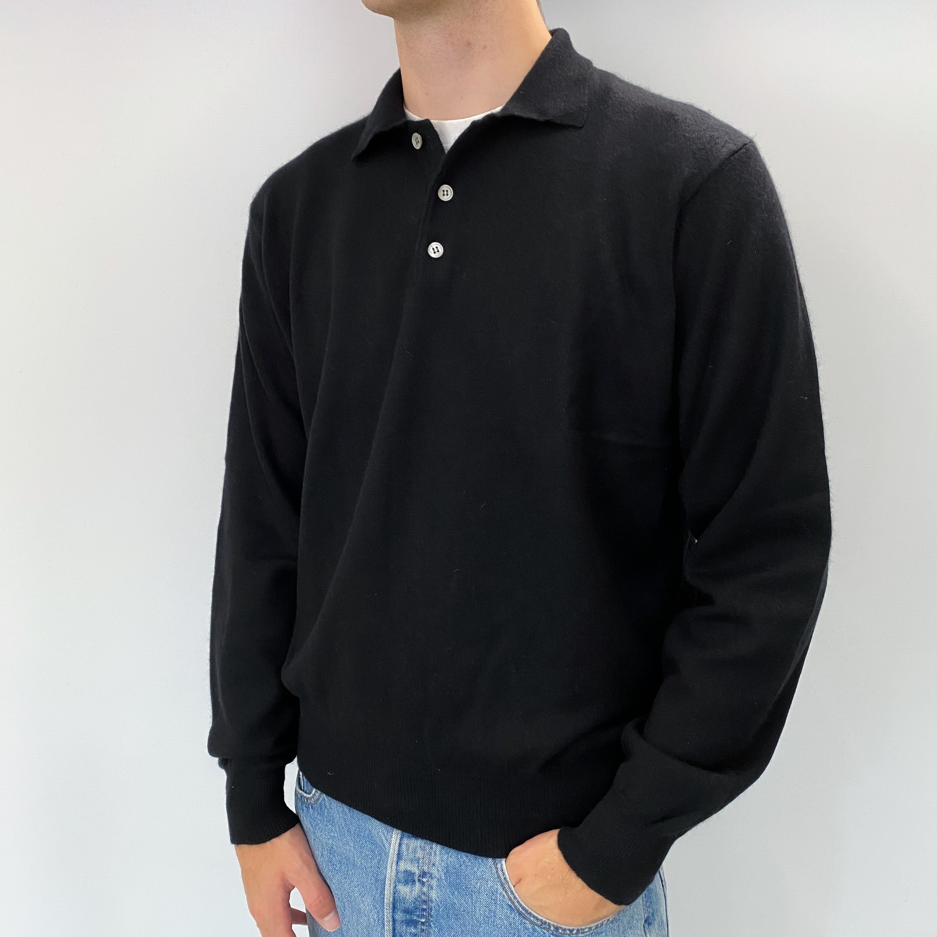 Men's Black Cashmere 1/4 Button Jumper Large