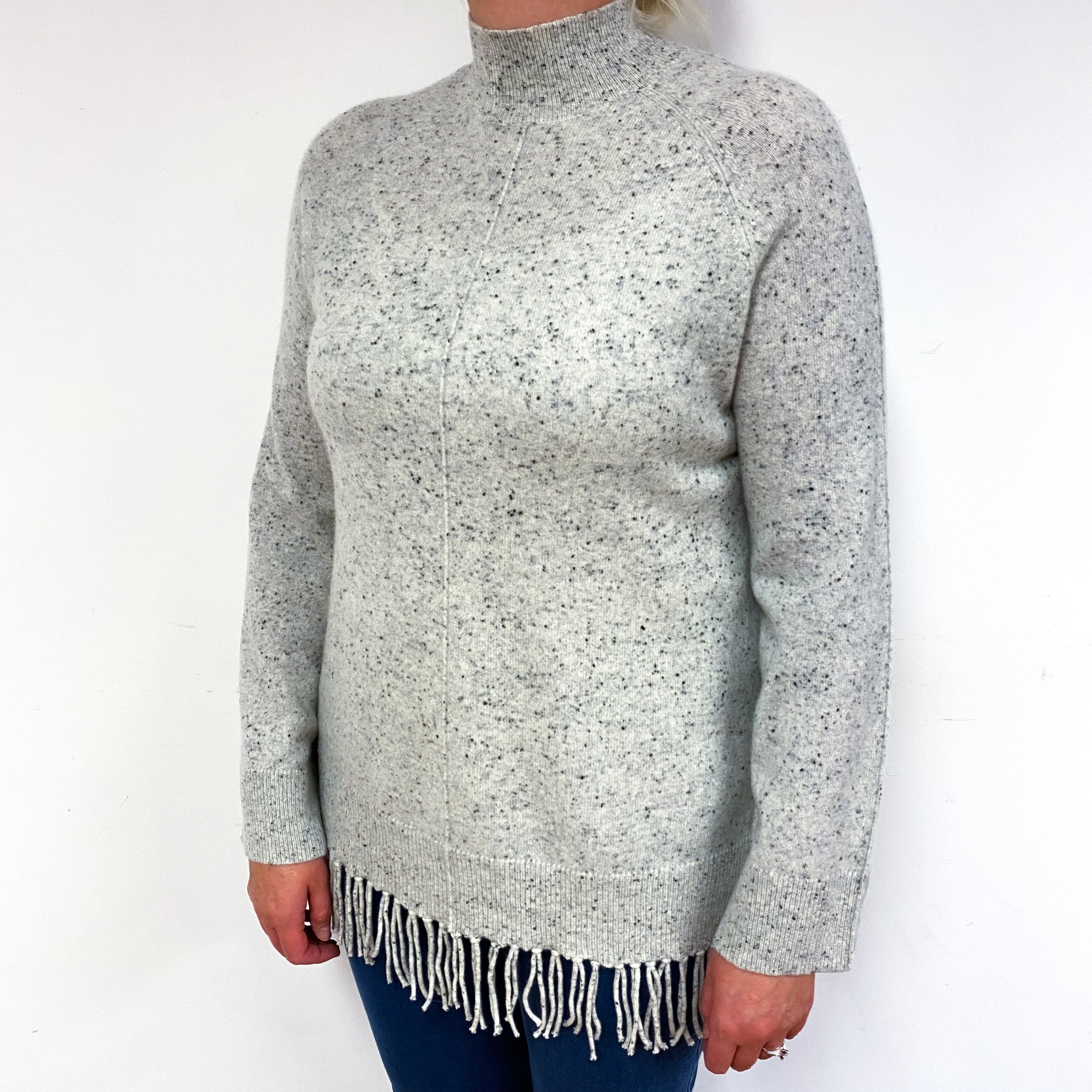 Grey Fleck Tassel Trim Cashmere Turtle Neck Jumper Large