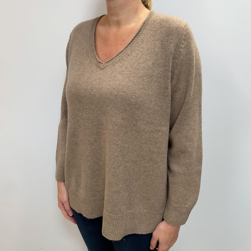 Mocha Brown Chunky Cashmere V Neck Jumper Large