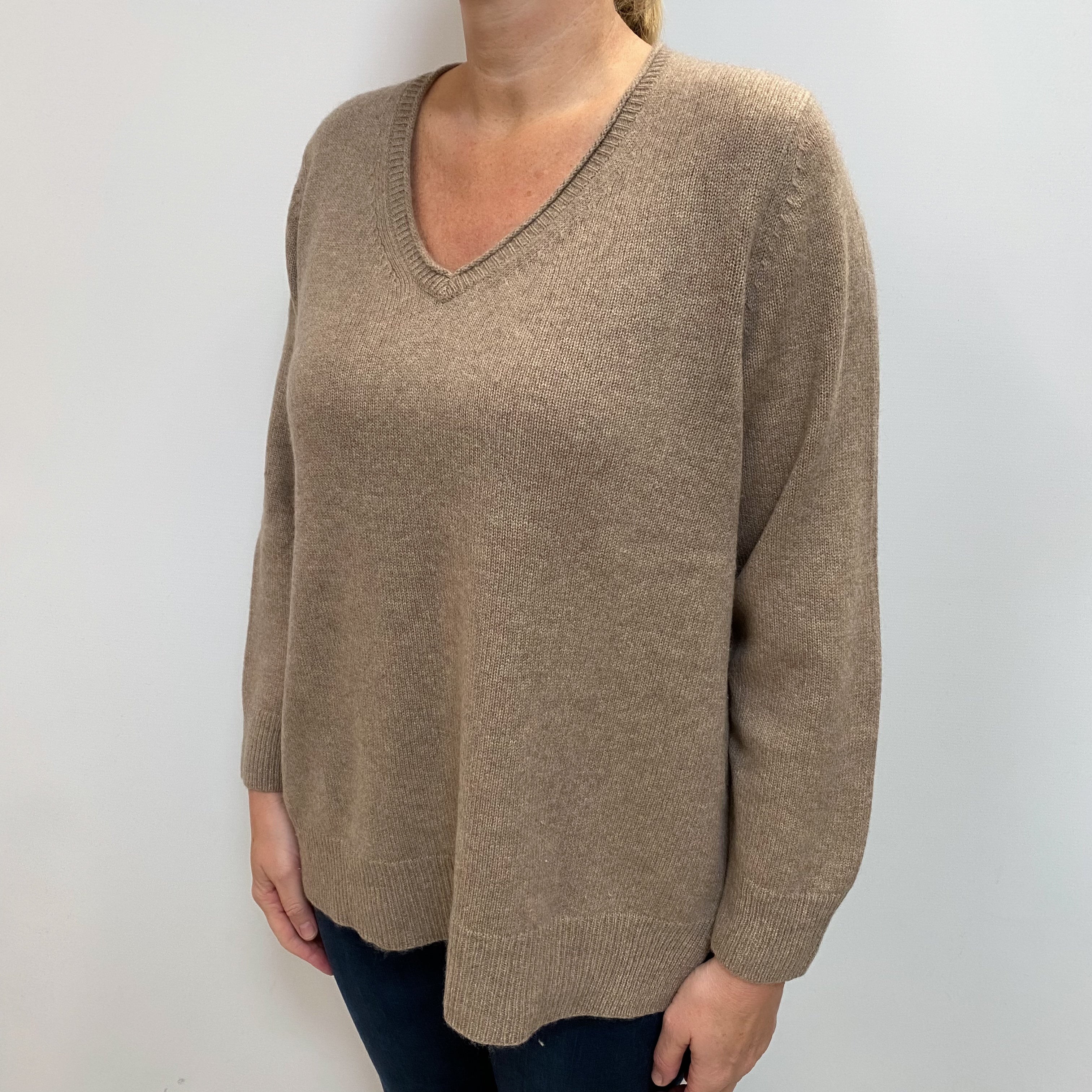 Mocha Brown Chunky Cashmere V Neck Jumper Large