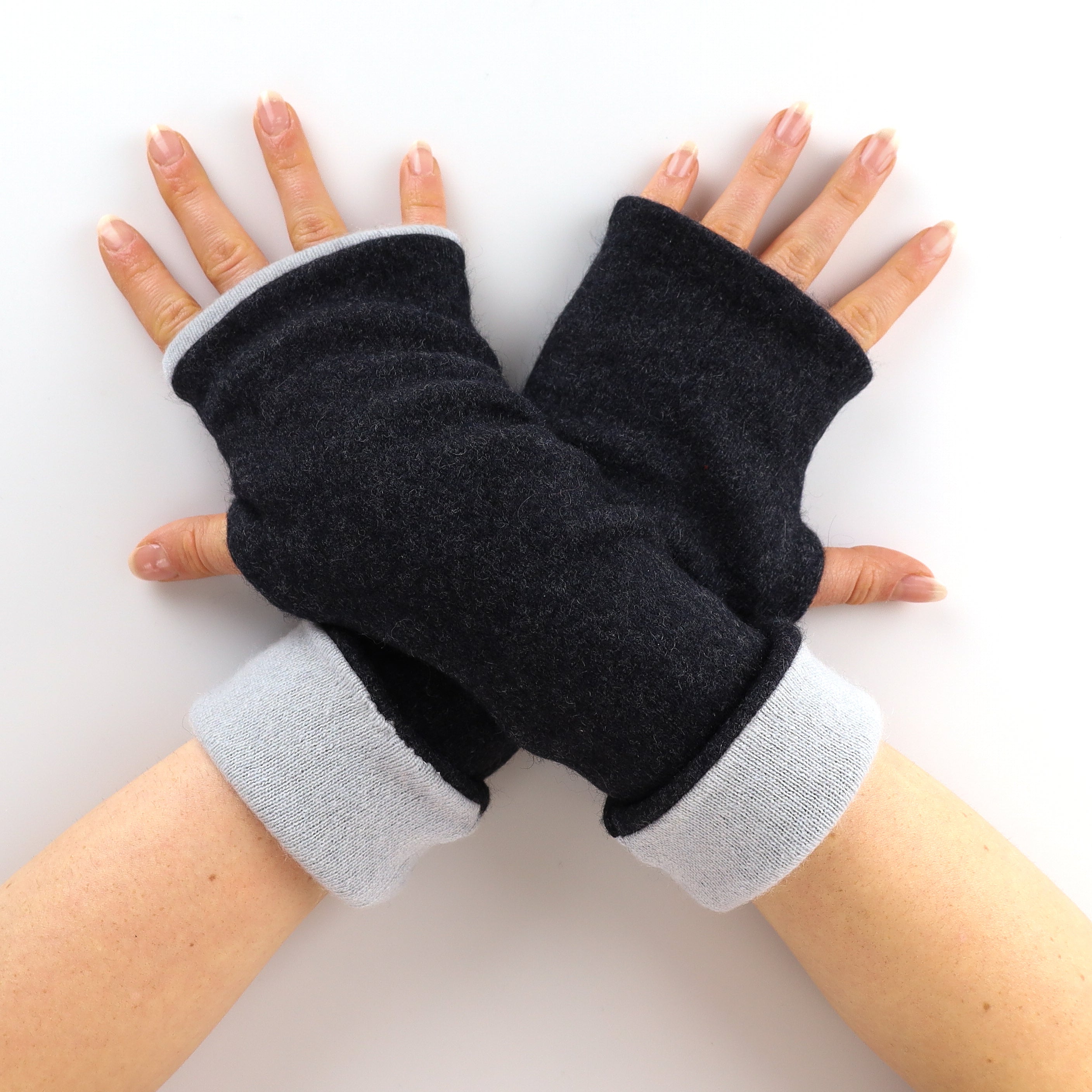 Charcoal and Pale Blue Reversible Fingerless Gloves