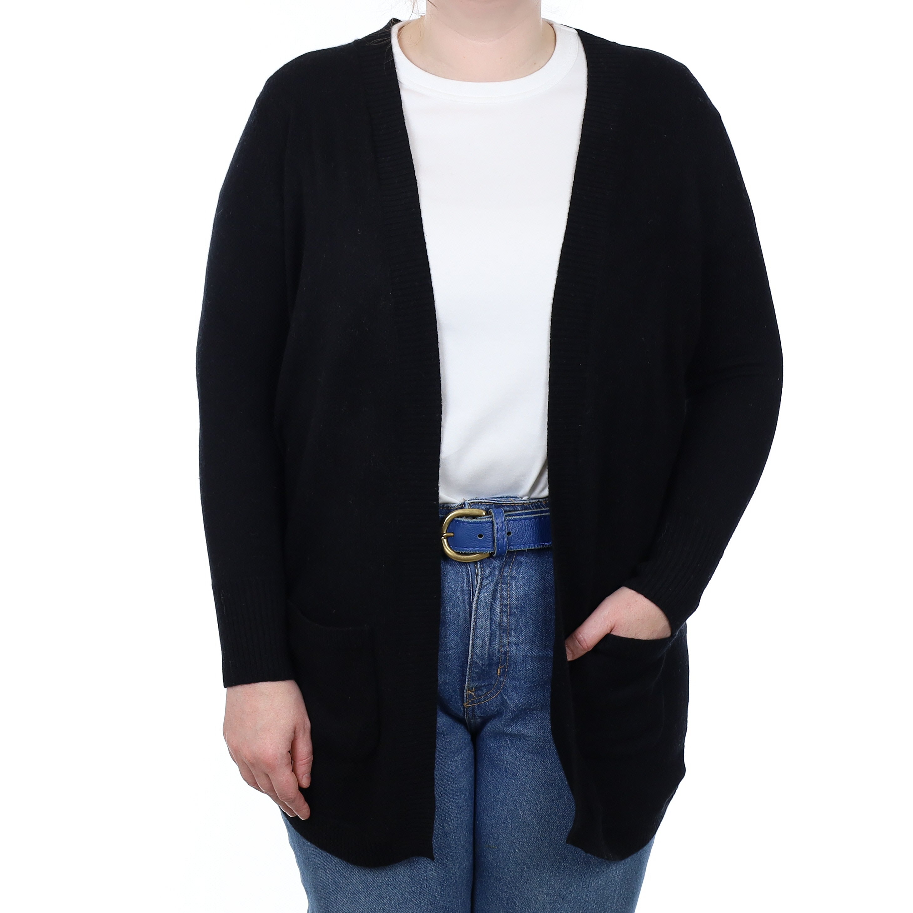 Black Cashmere Edge to Edge Cardigan with Pockets Large