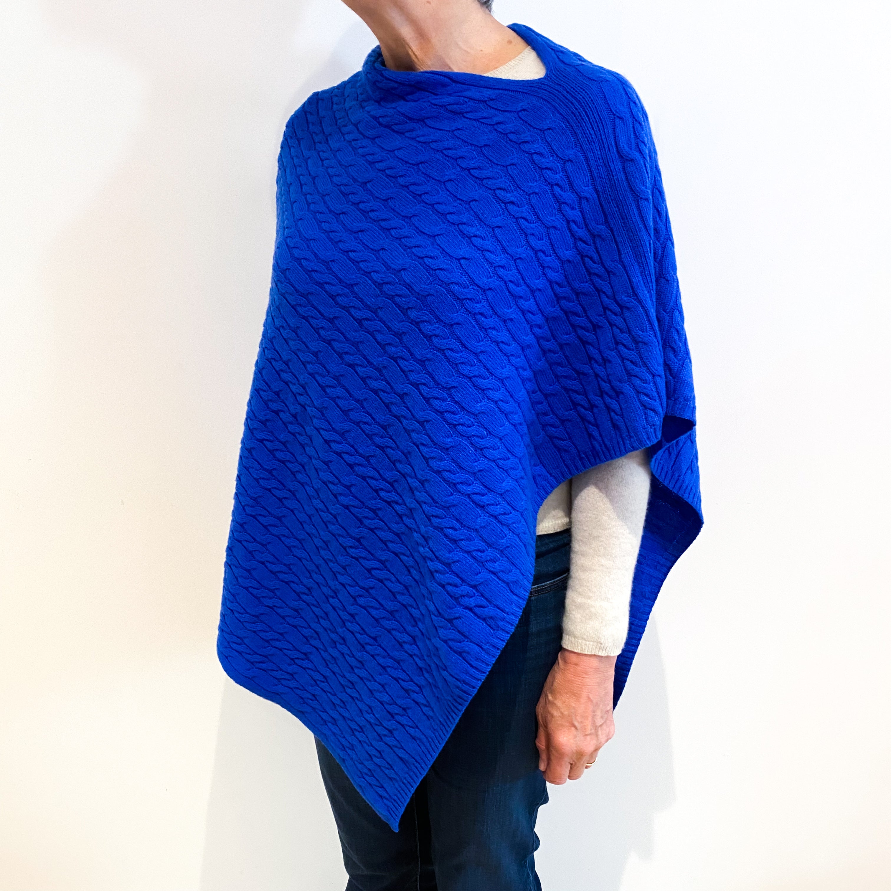 Brand New Scottish Cobalt Blue Cashmere Cable Poncho One Size