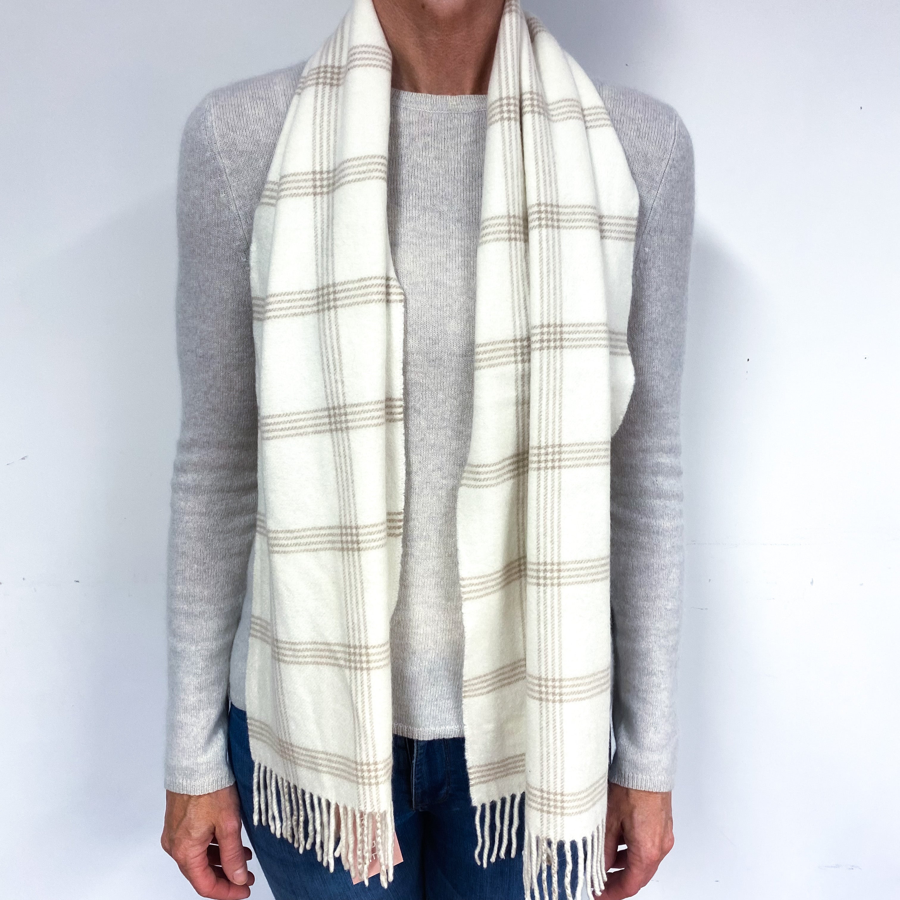 Cream and Beige Checked Cashmere Fringed Woven Scarf