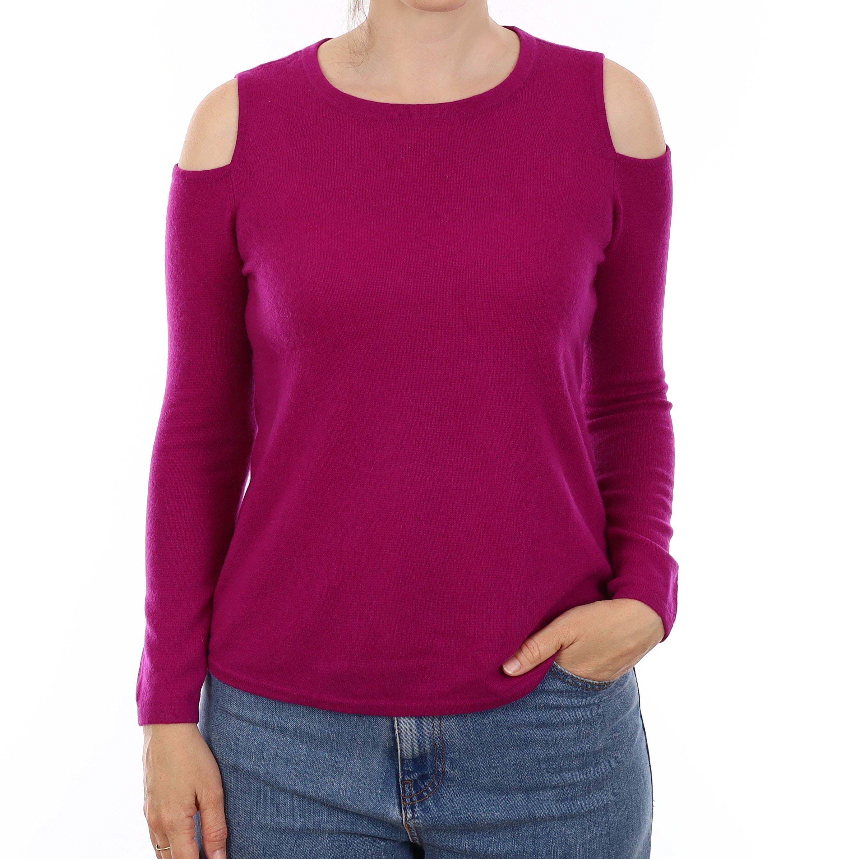 Magenta Pink Cashmere Cold Shoulder Crew Neck Jumper Small
