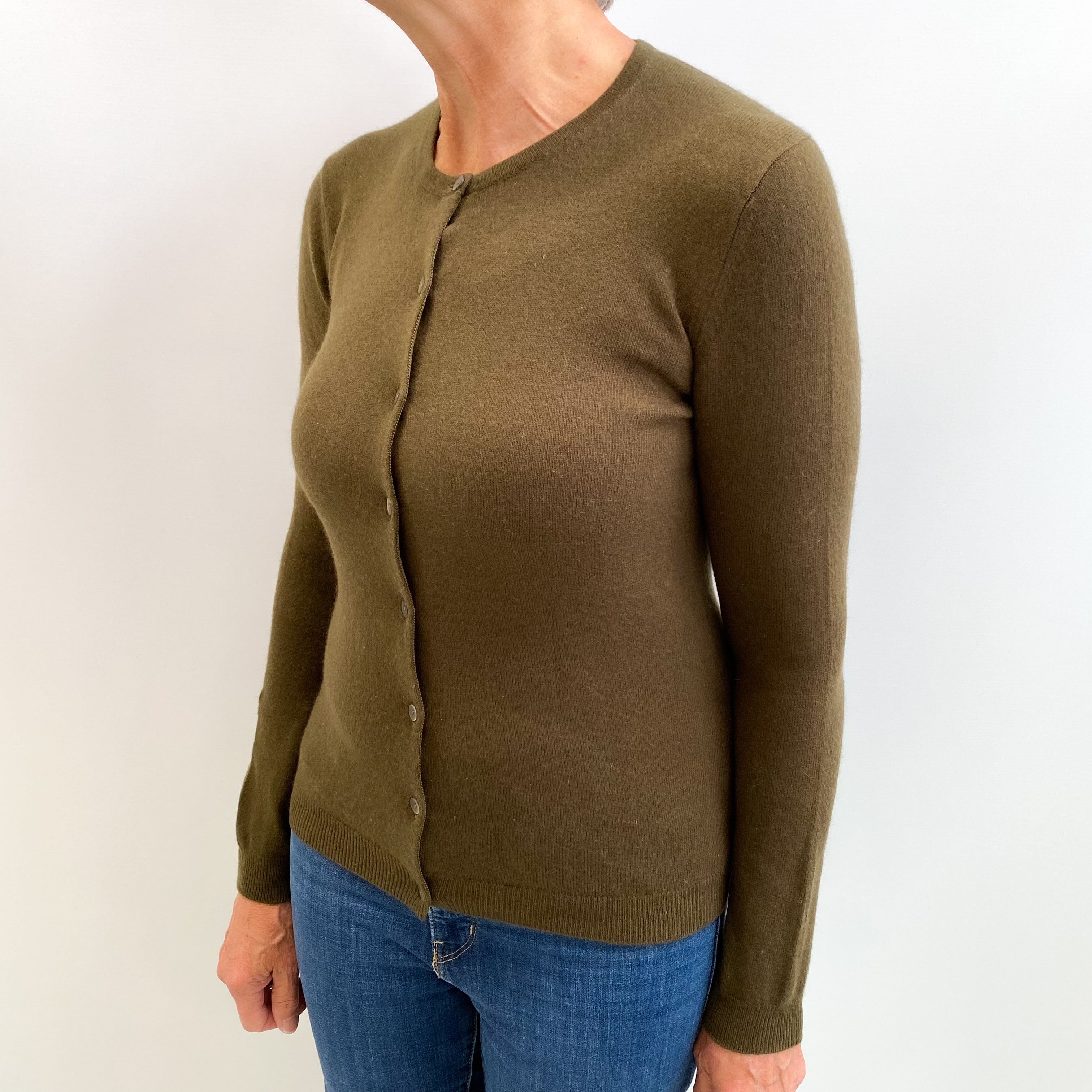 Army Green Cashmere Crew Neck Cardigan Medium