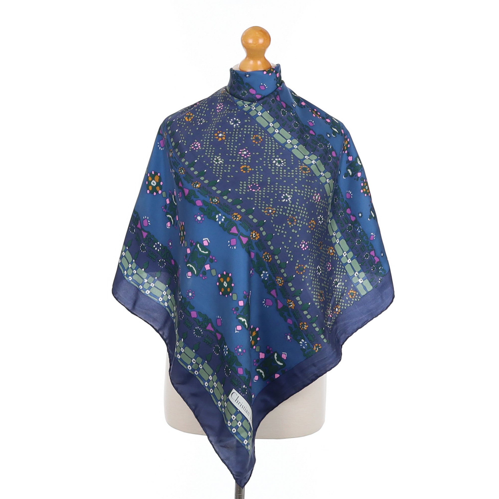 Christian Dior Navy Patterned Vintage Silk Scarf