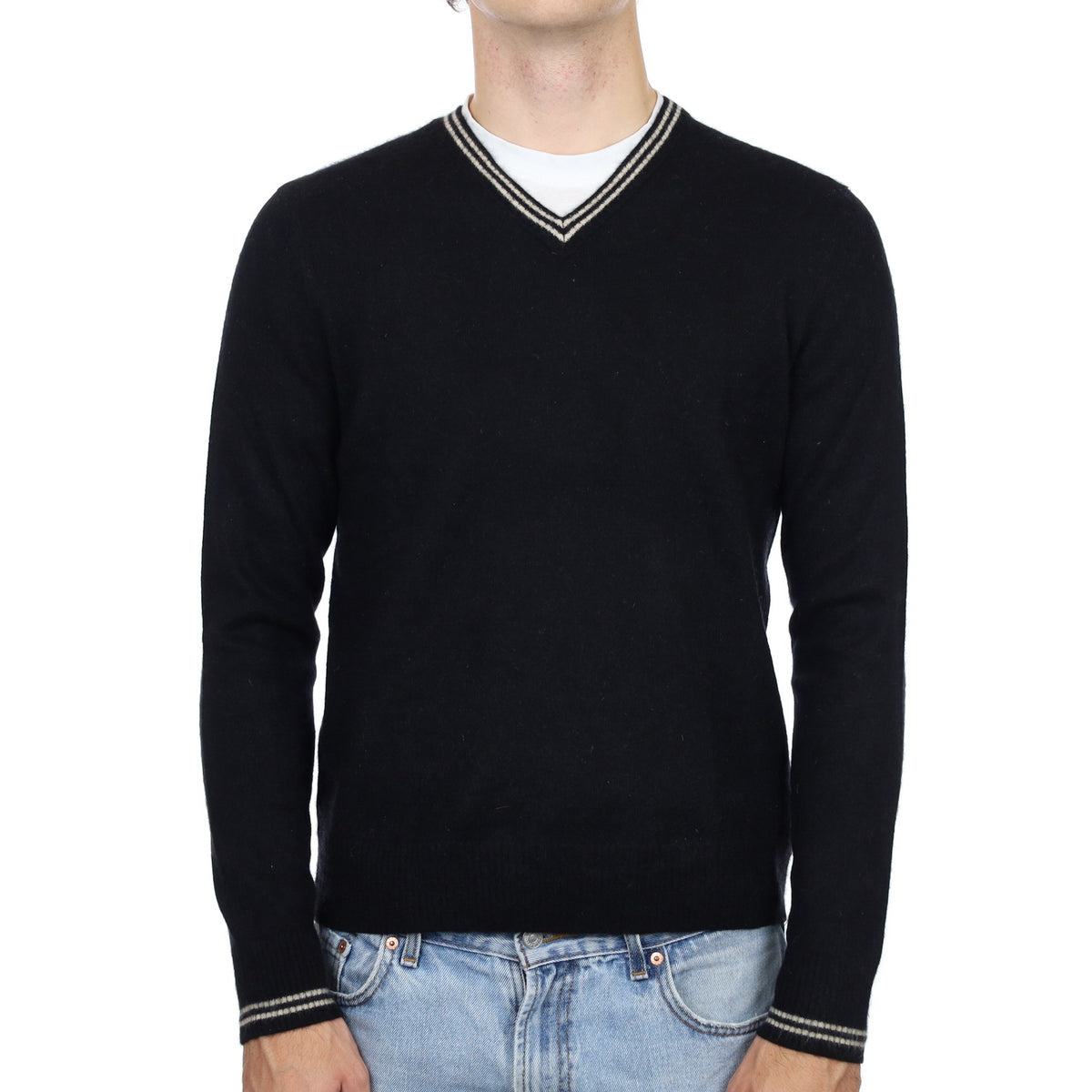Men's Black Cashmere V Neck Jumper Medium