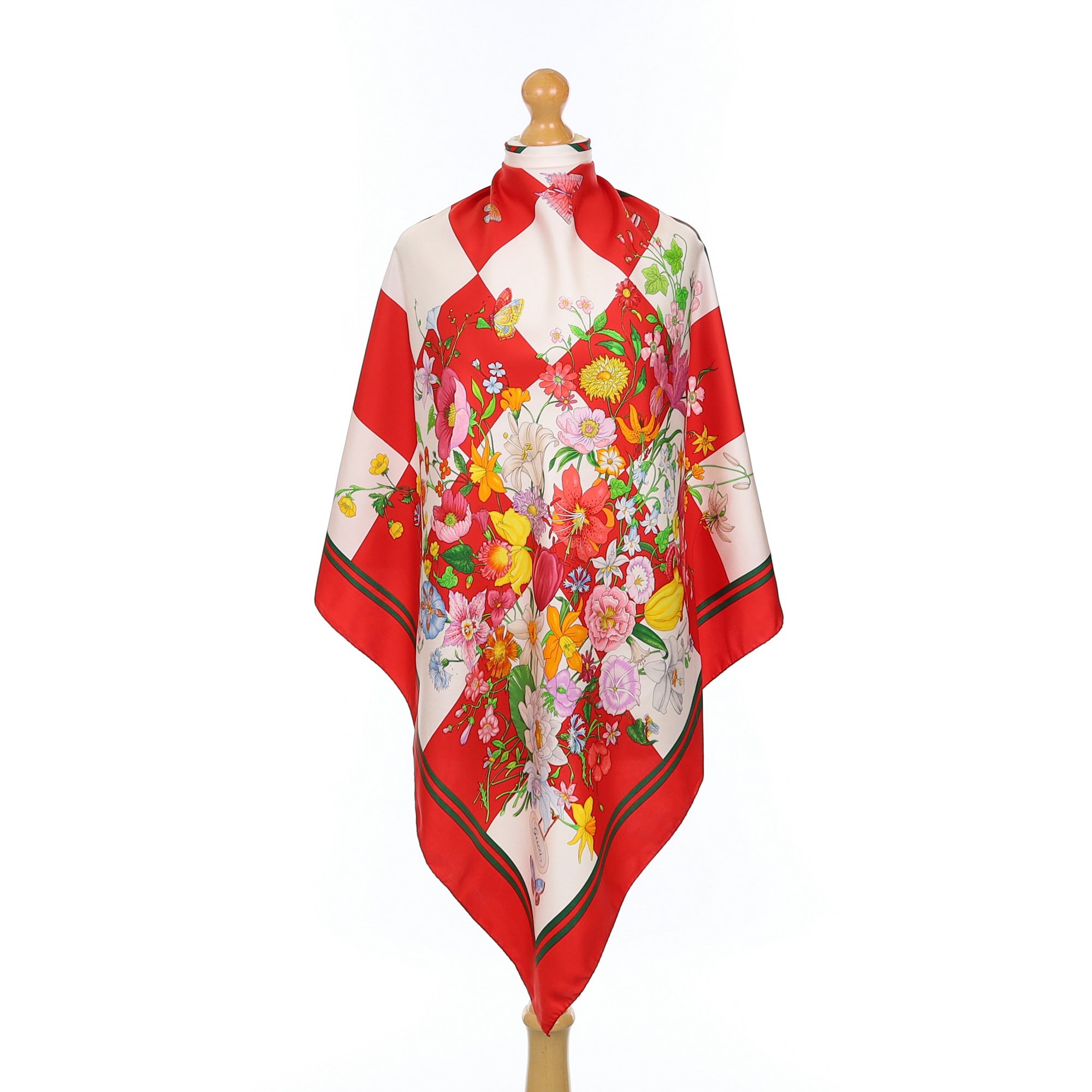 Gucci Red and White Floral Silk Scarf