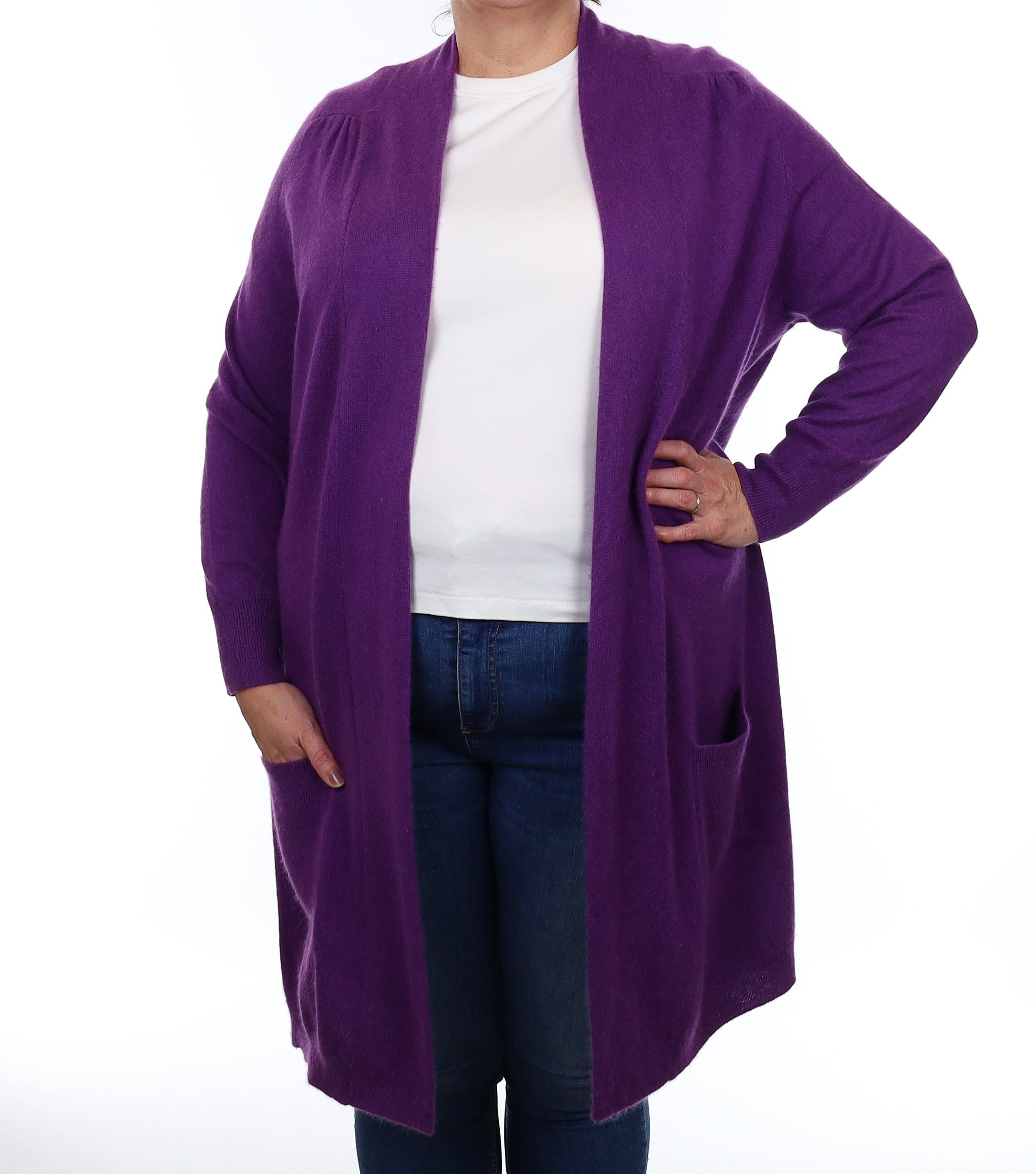 Violet Purple Cashmere Longline Edge to Edge Cardigan with Pockets Extra Large