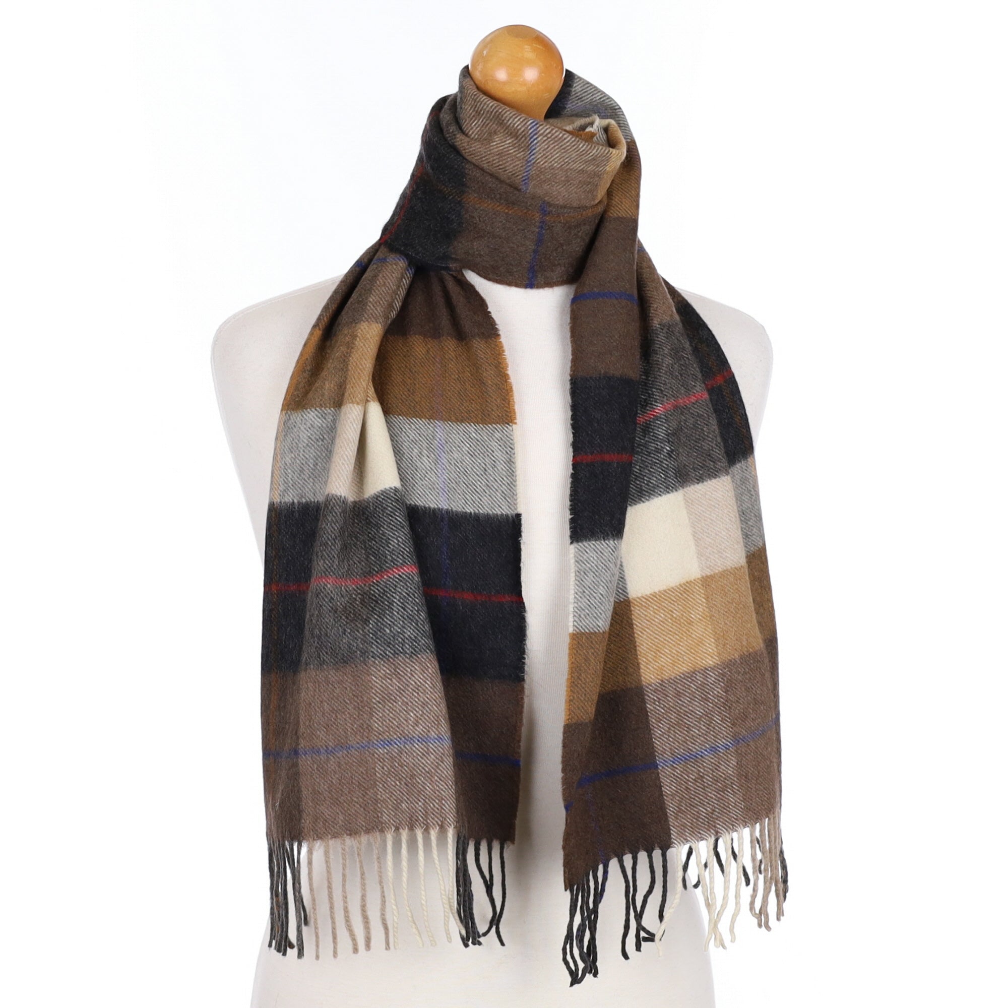 Charcoal and Camel Check Cashmere Tasselled Woven Scarf
