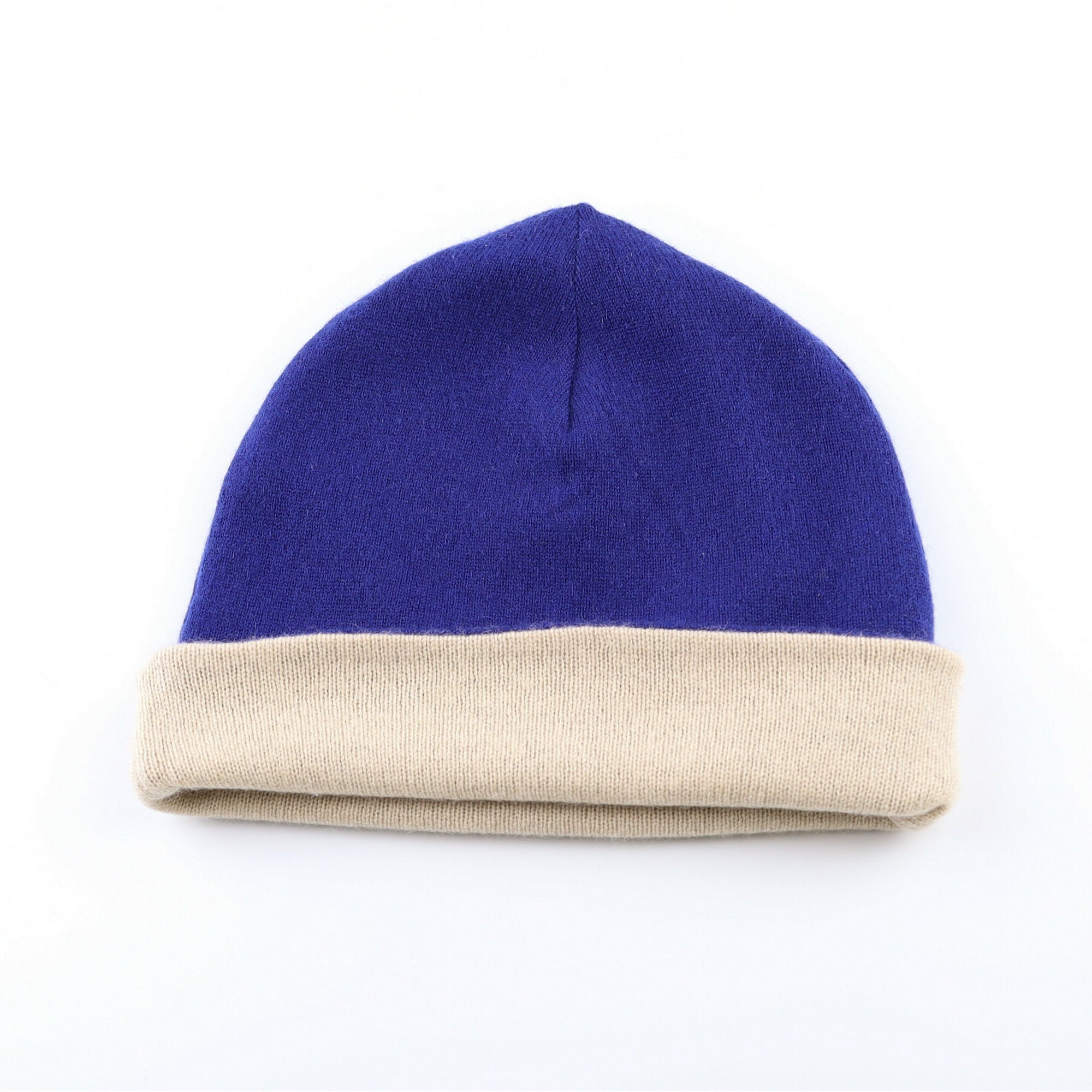 Azure Blue and Biscuit Beige Reversible Cashmere Beanie Hat