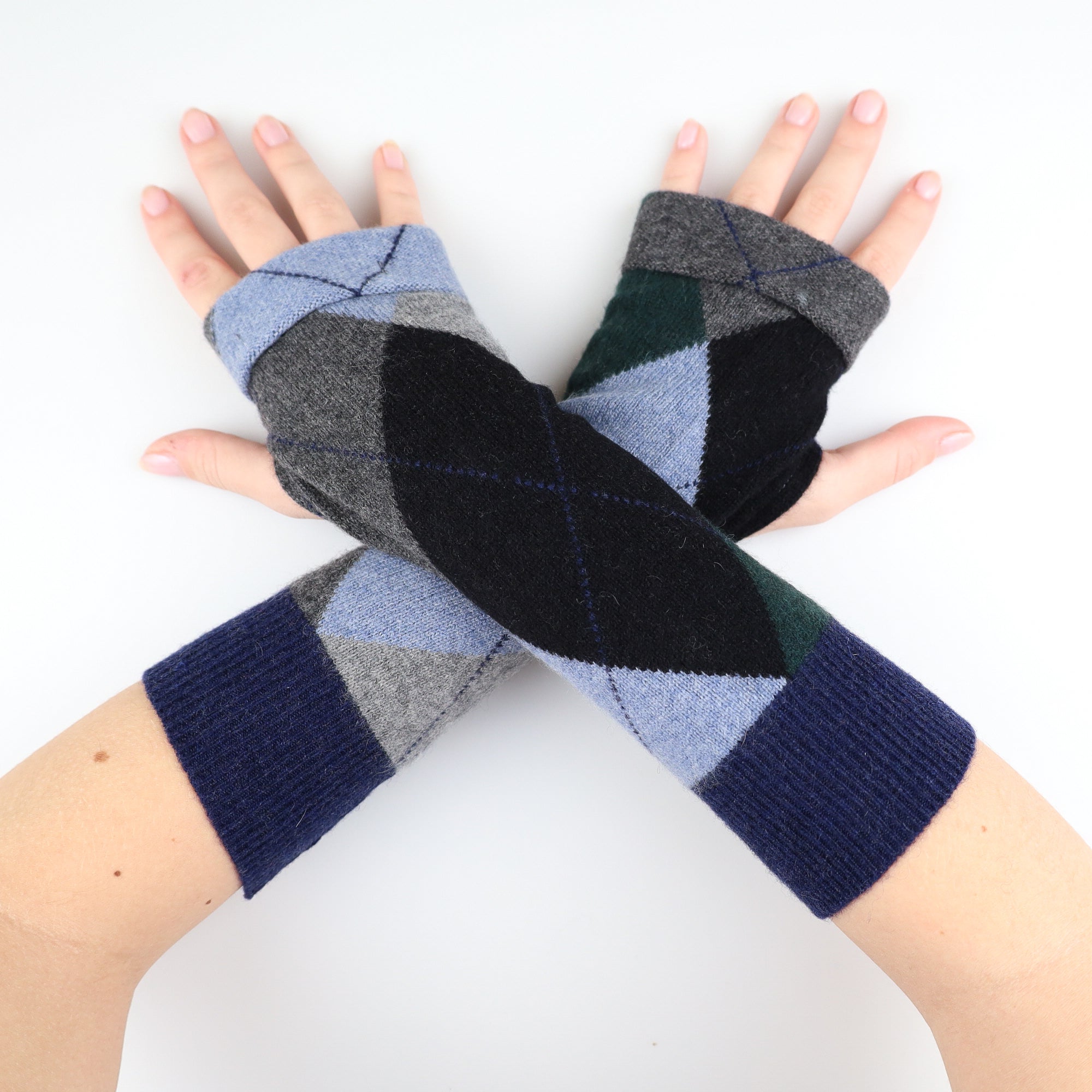 Green Blue and Grey Patterned Fingerless Gloves