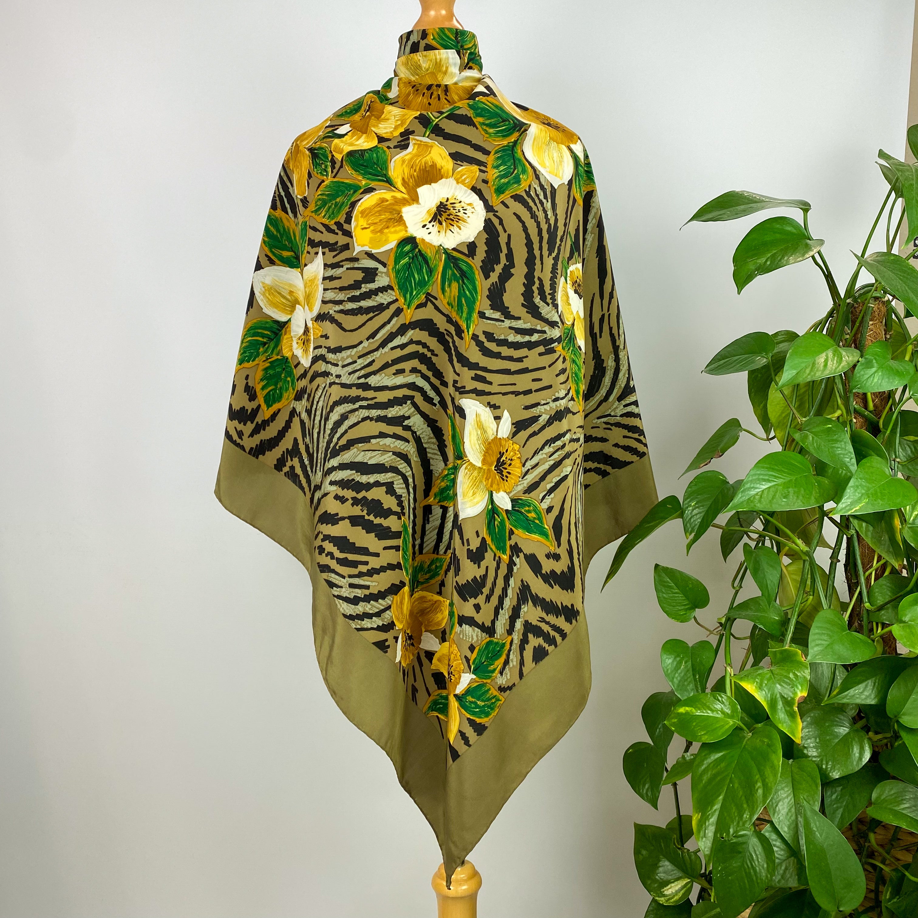 Khaki Floral Vintage Silk Scarf