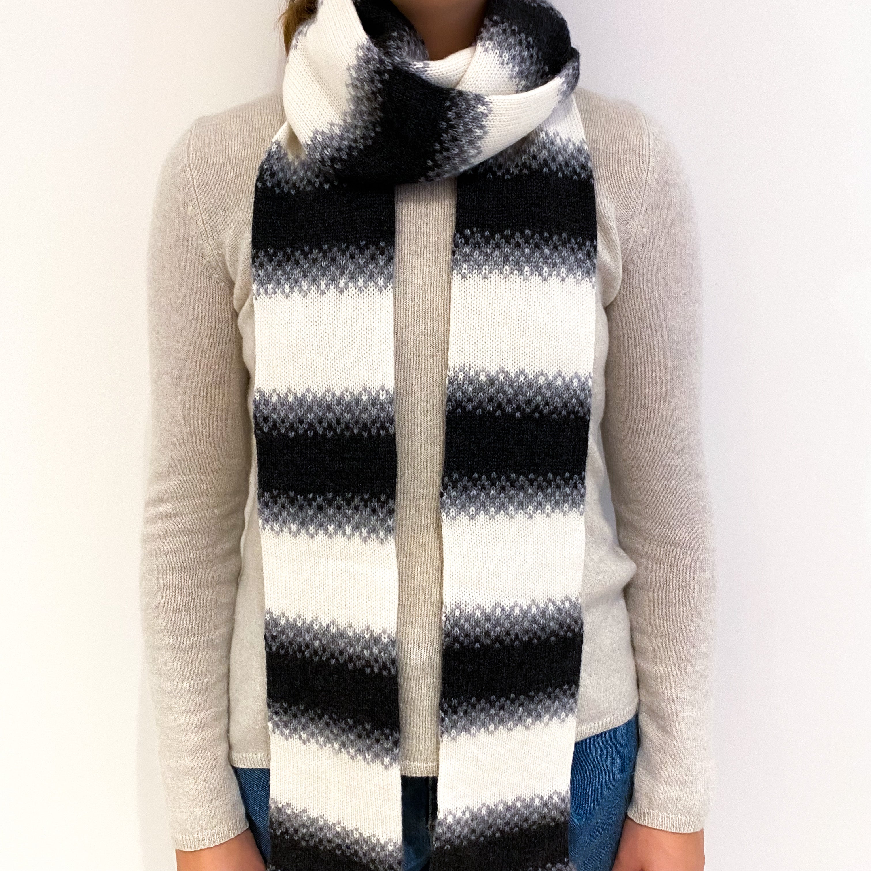 New Scottish Grey Fairisle Stripe Cashmere Scarf
