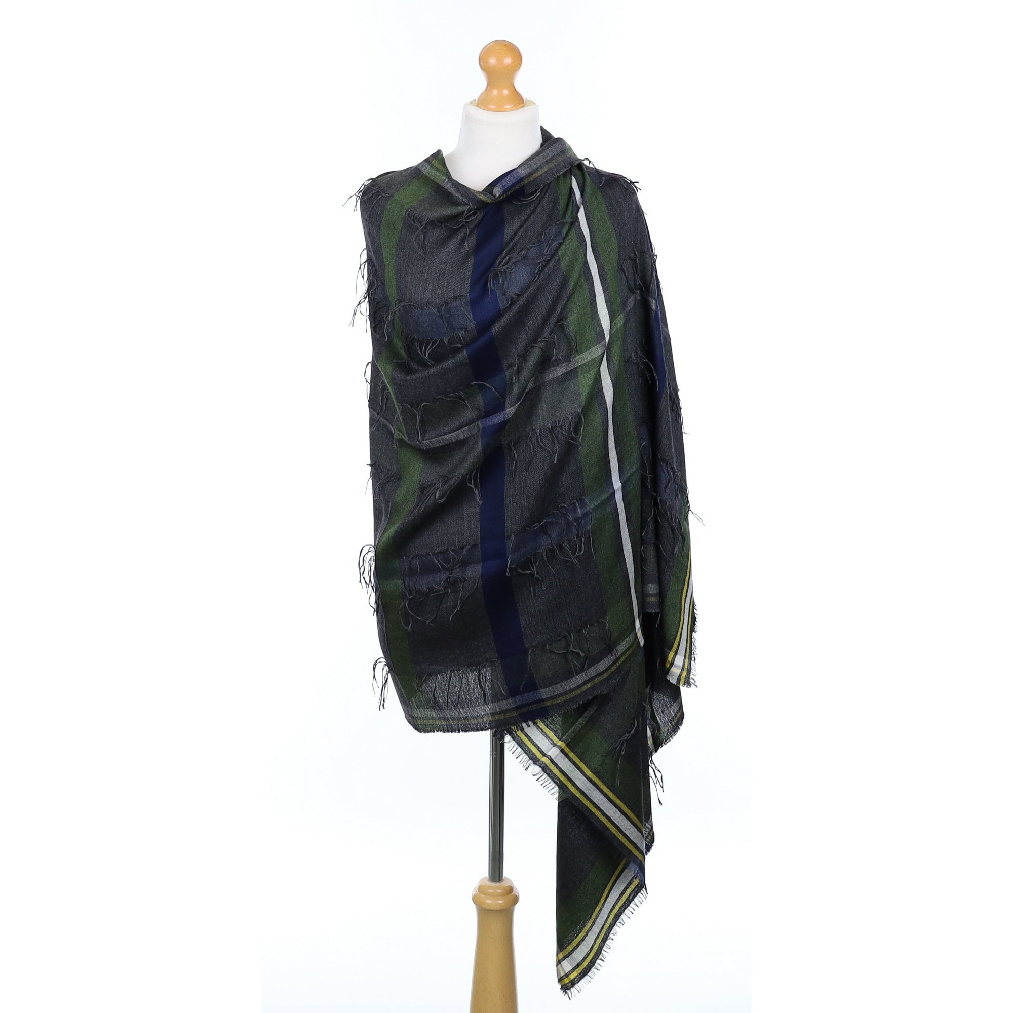 Scottish Begg & Co Grey and Green Tassel Fine Woven Cashmere & Silk Wrap