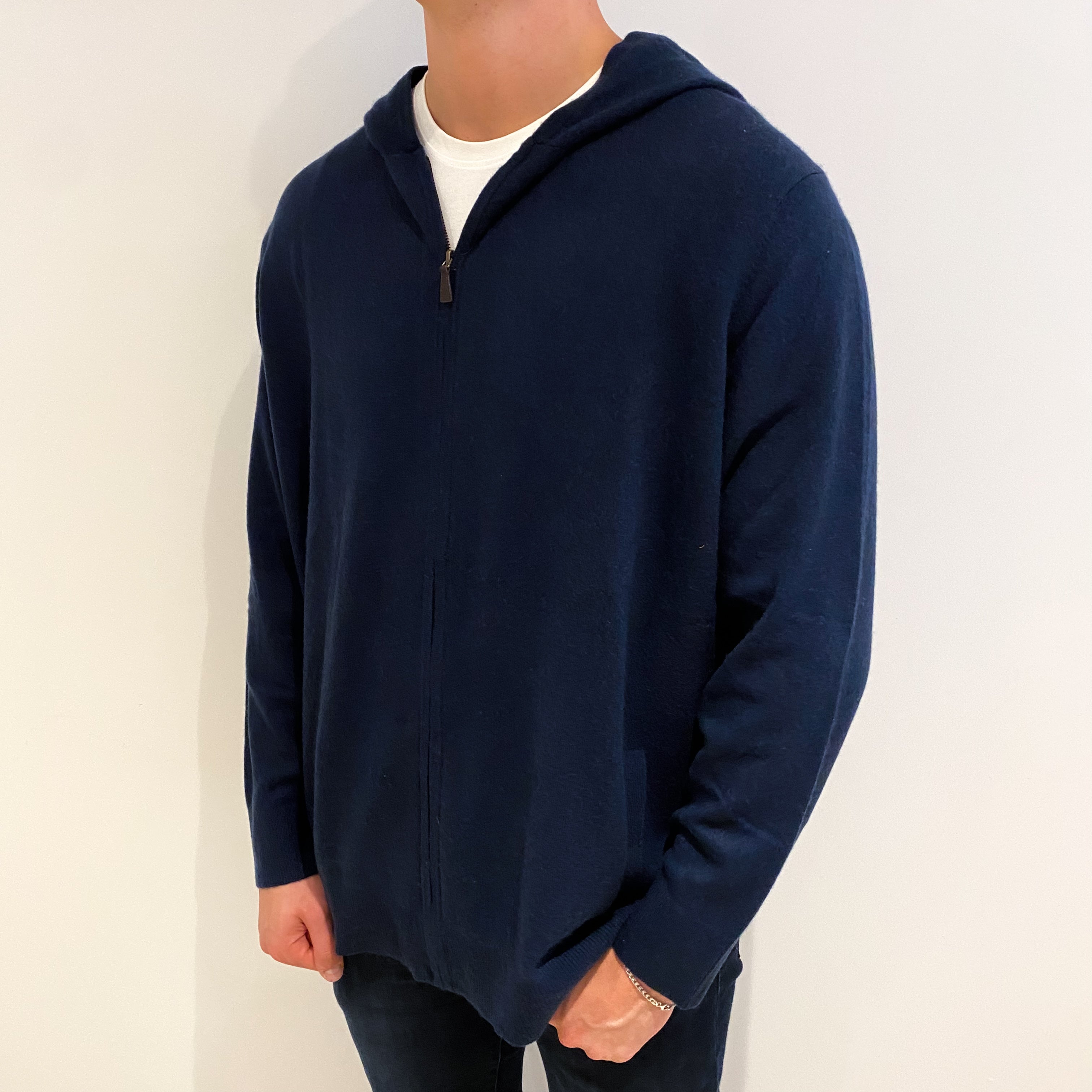 Men's Navy Blue Cashmere Zip Up Hoodie Jumper XXXL